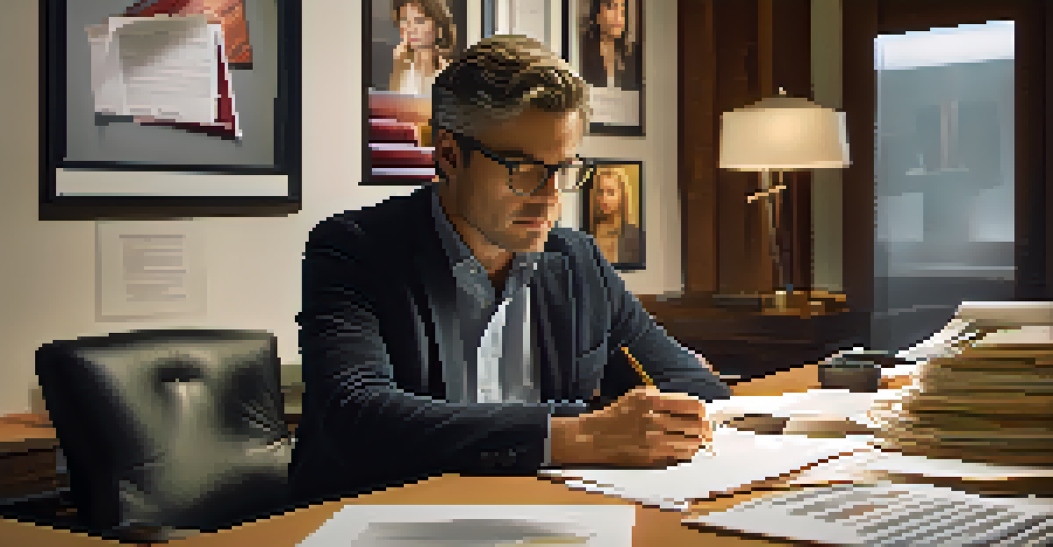 A casting director closely reviewing headshots and resumes at a modern desk with a laptop displaying audition videos.