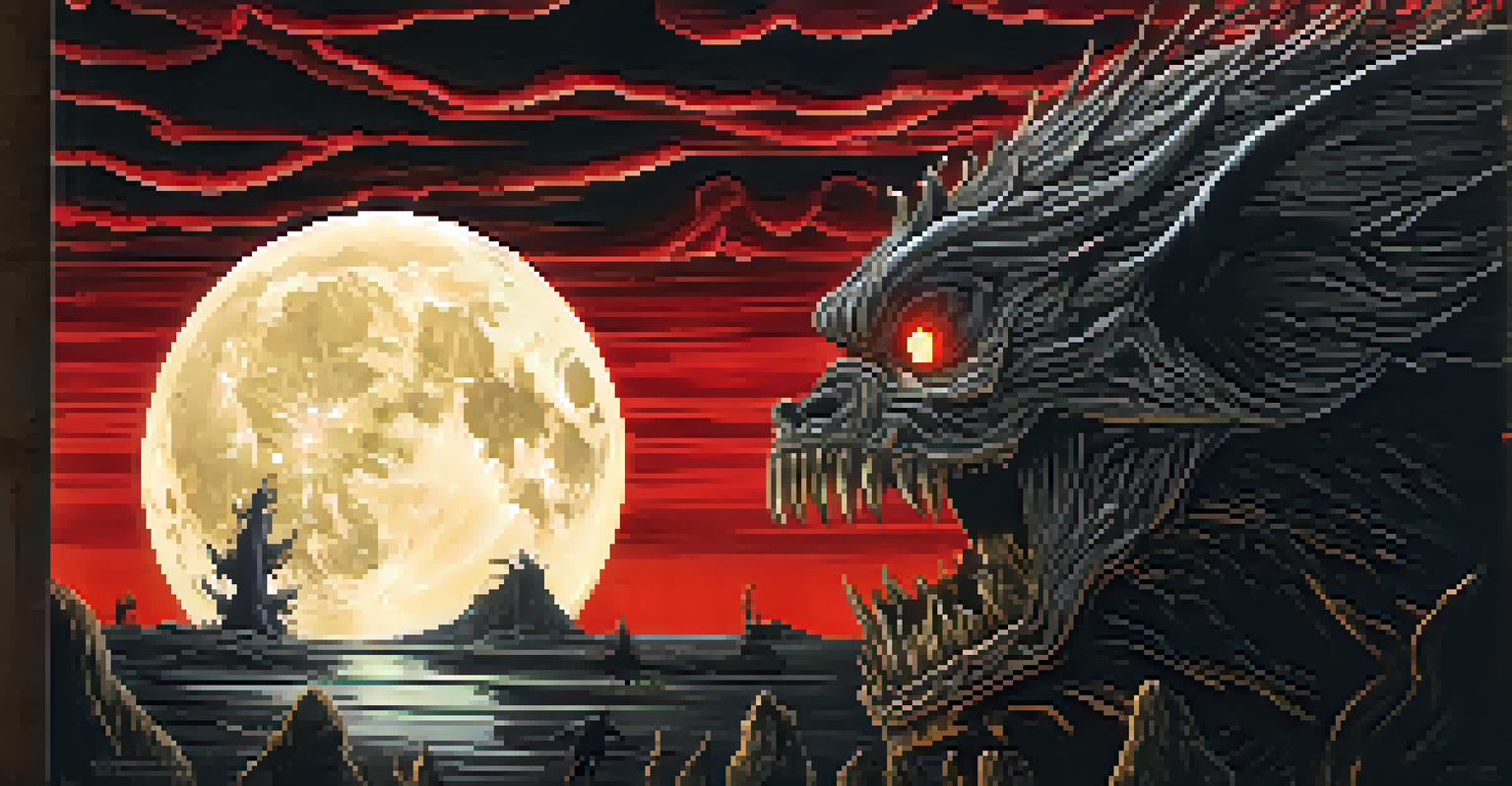 Close-up of a horror movie poster featuring a classic monster with a haunting moon background, showcasing dark colors with reds and blacks.