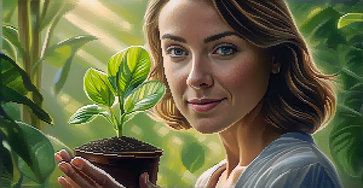 A celebrity holding a plant seedling in their hands, surrounded by a sunlit garden filled with plants, symbolizing hope for the environment.
