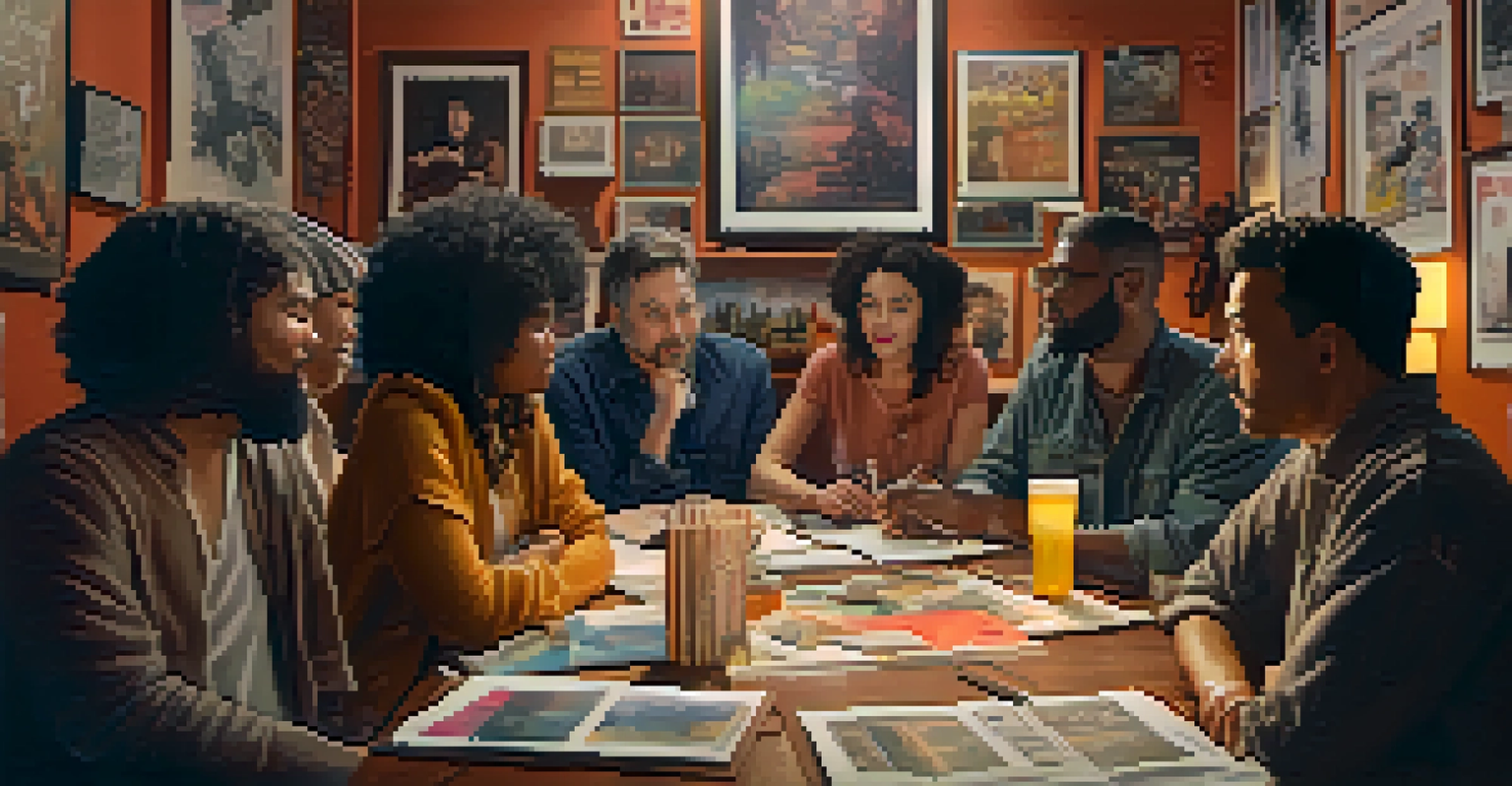 A group of diverse filmmakers and artists in a studio discussing a script, surrounded by cultural artifacts and film posters.