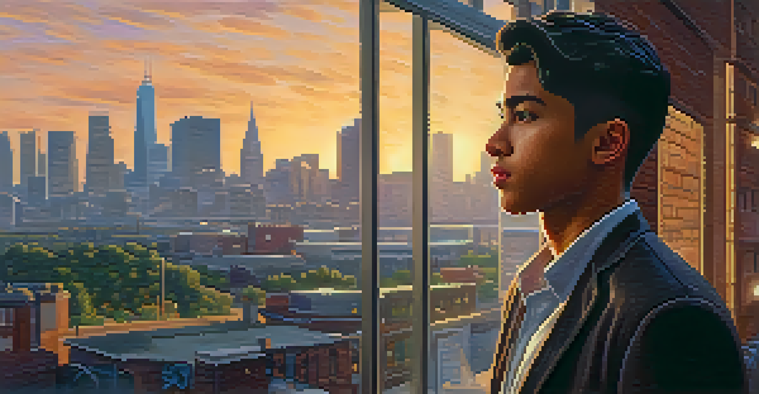 An immigrant entrepreneur standing proudly in front of their business with a city skyline at sunset in the background.