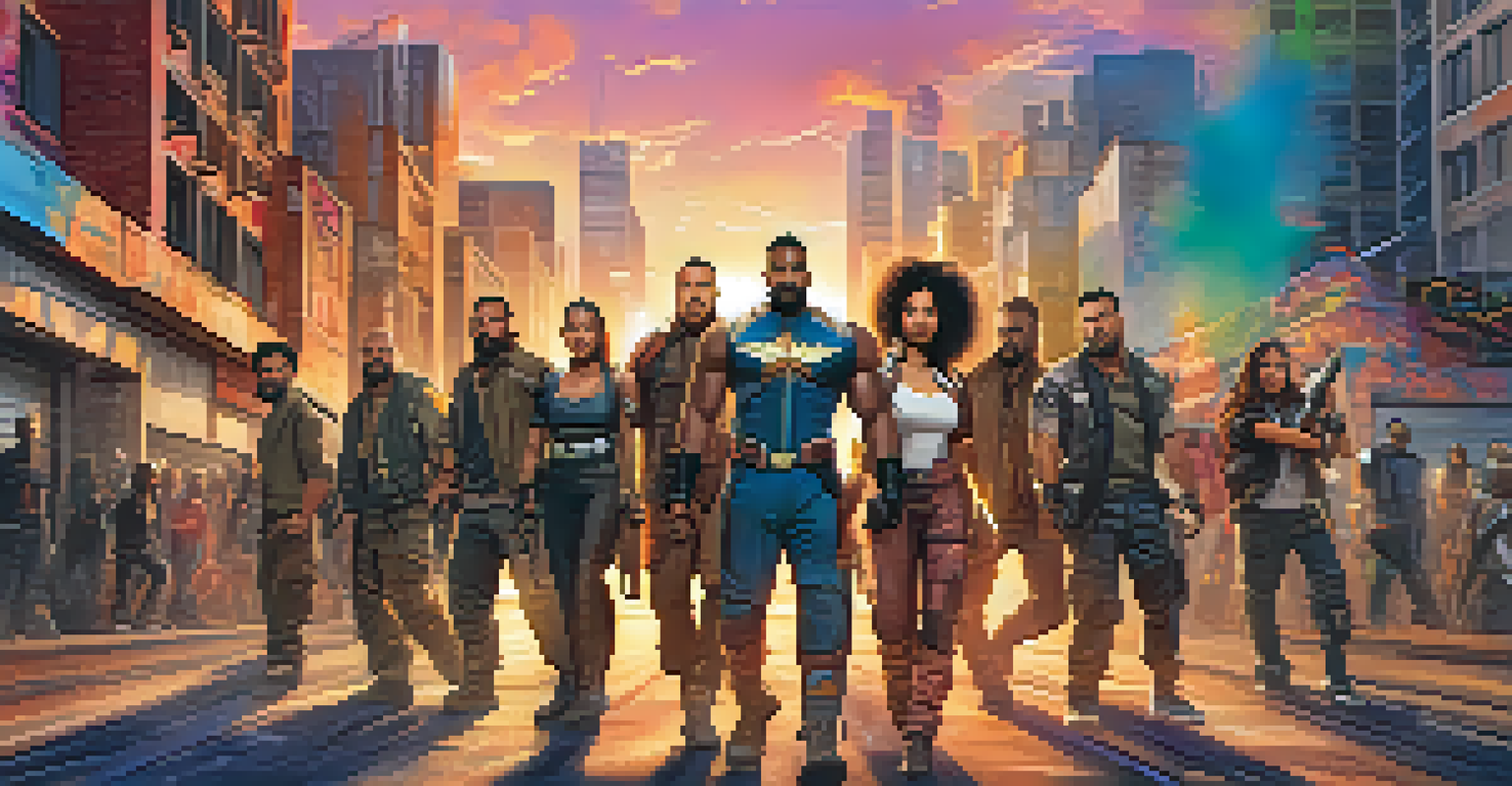A diverse group of action heroes, including a man and a woman, collaborate in an urban setting with graffiti and a vibrant sunset.
