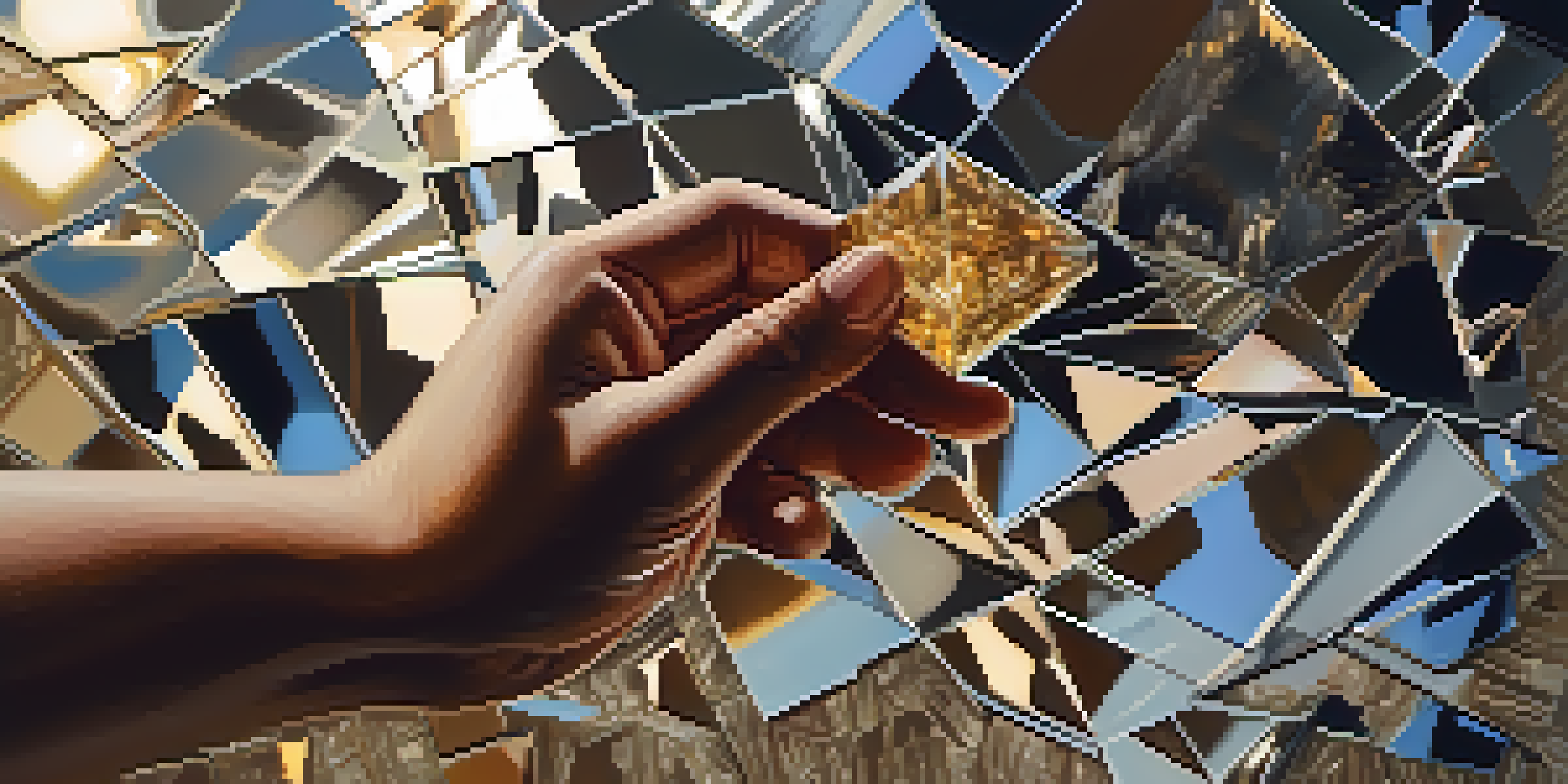 A close-up of a celebrity's hand holding a shattered mirror, reflecting various emotions, with warm lighting creating a soft atmosphere.