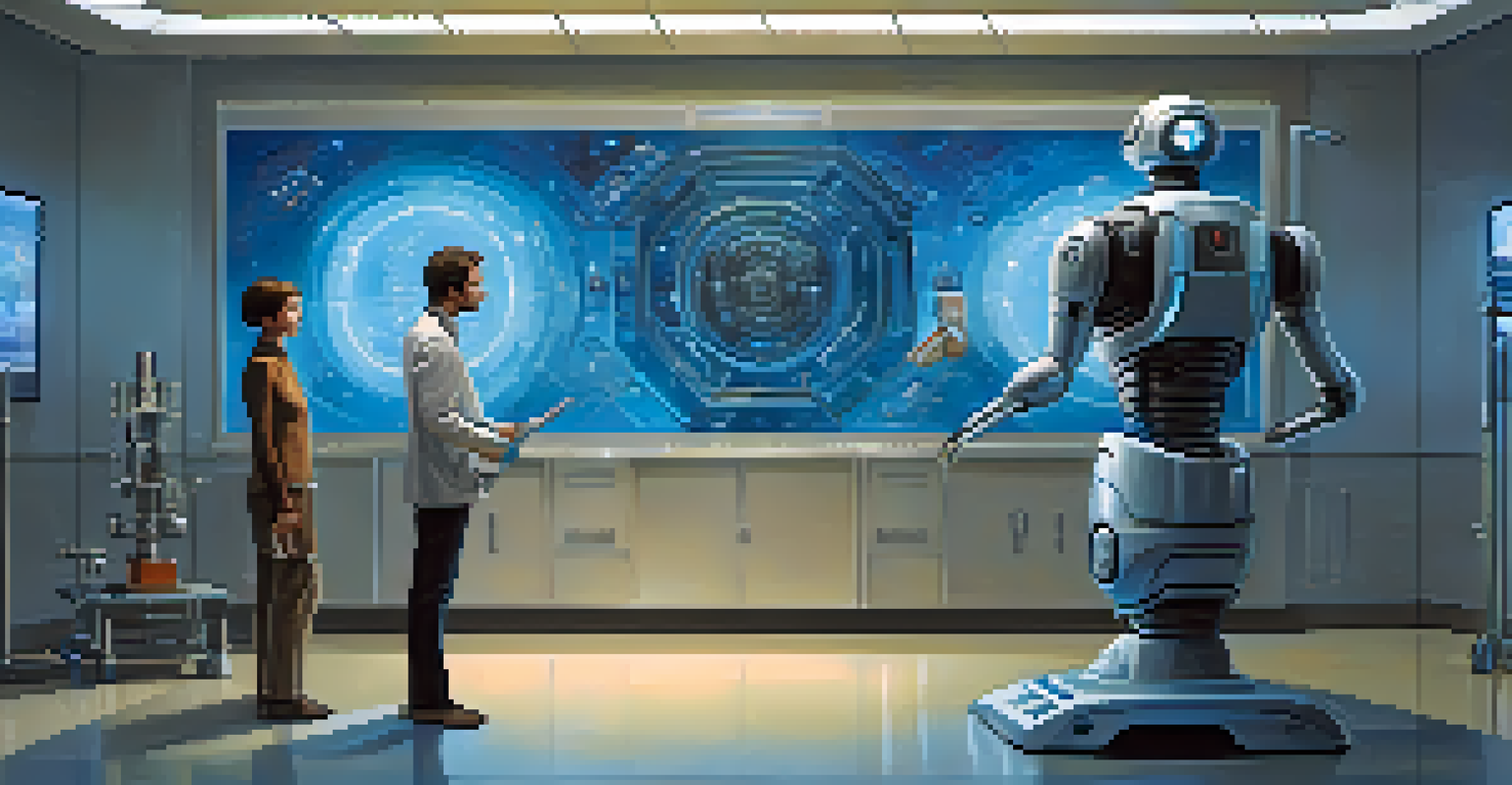 A robot and a human in a laboratory, looking at a holographic display of a galaxy.