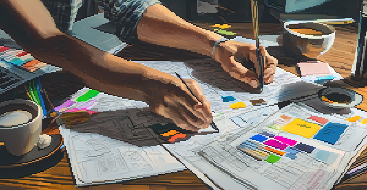 A filmmaker's hands creating a documentary storyboard with notes, sketches, and a laptop on a wooden table.