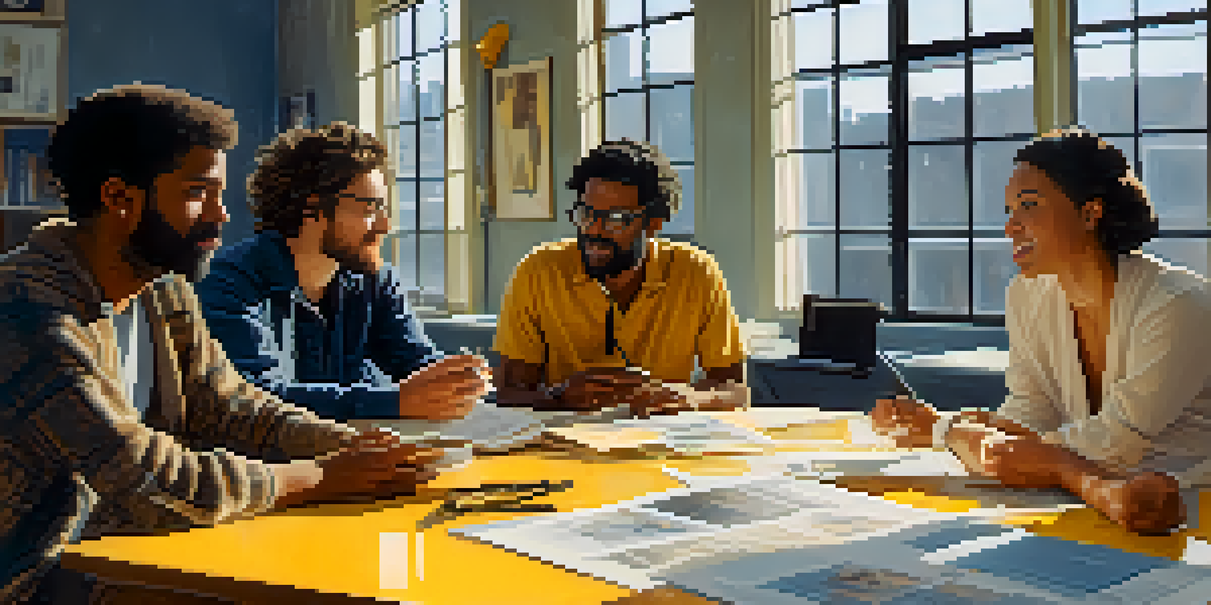 A diverse group of filmmakers engaged in a discussion in a bright studio, surrounded by film equipment and scripts.