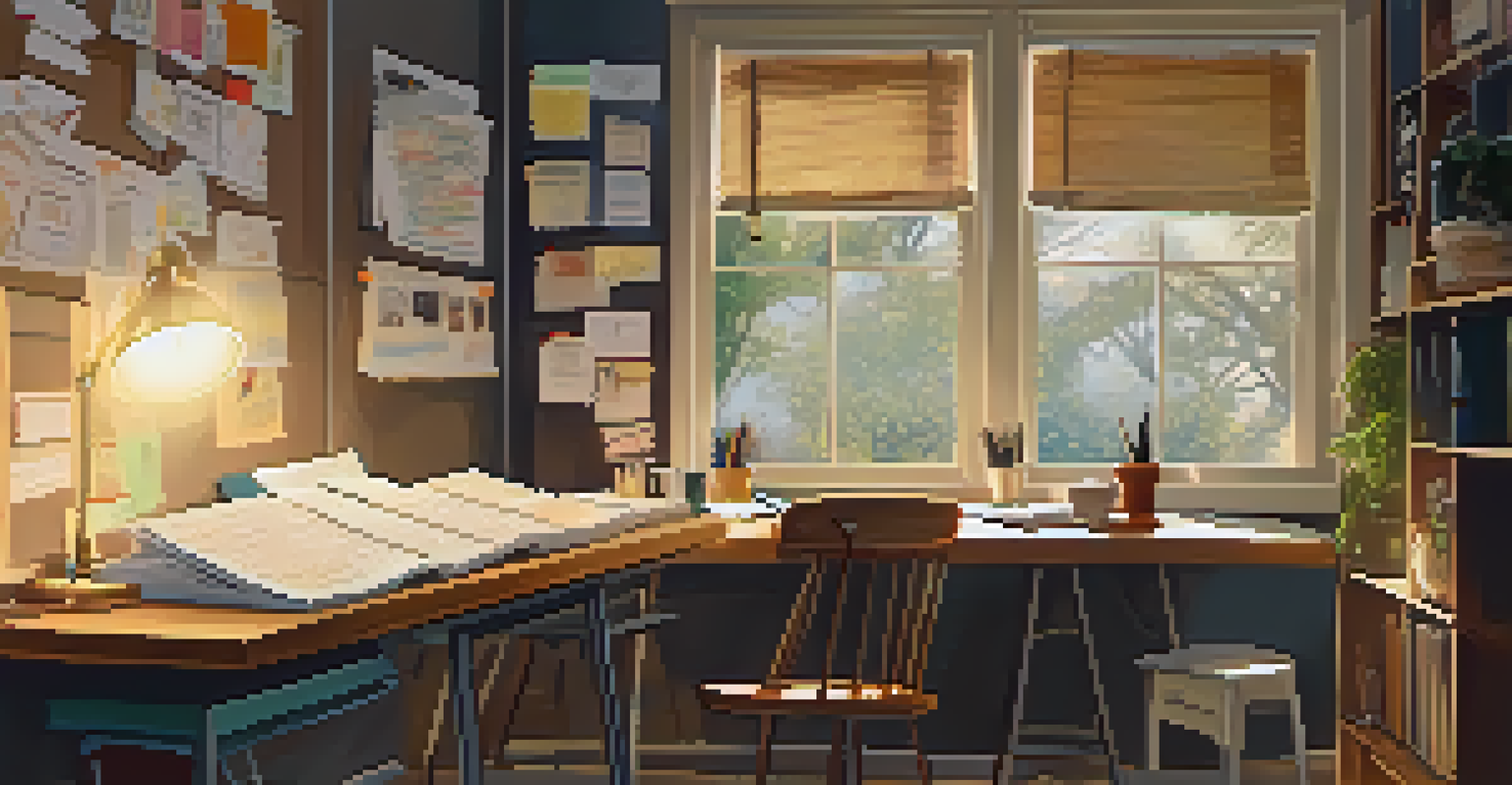 A cluttered desk in a cozy indoor workspace with script pages, coffee mugs, and warm light coming through the window.