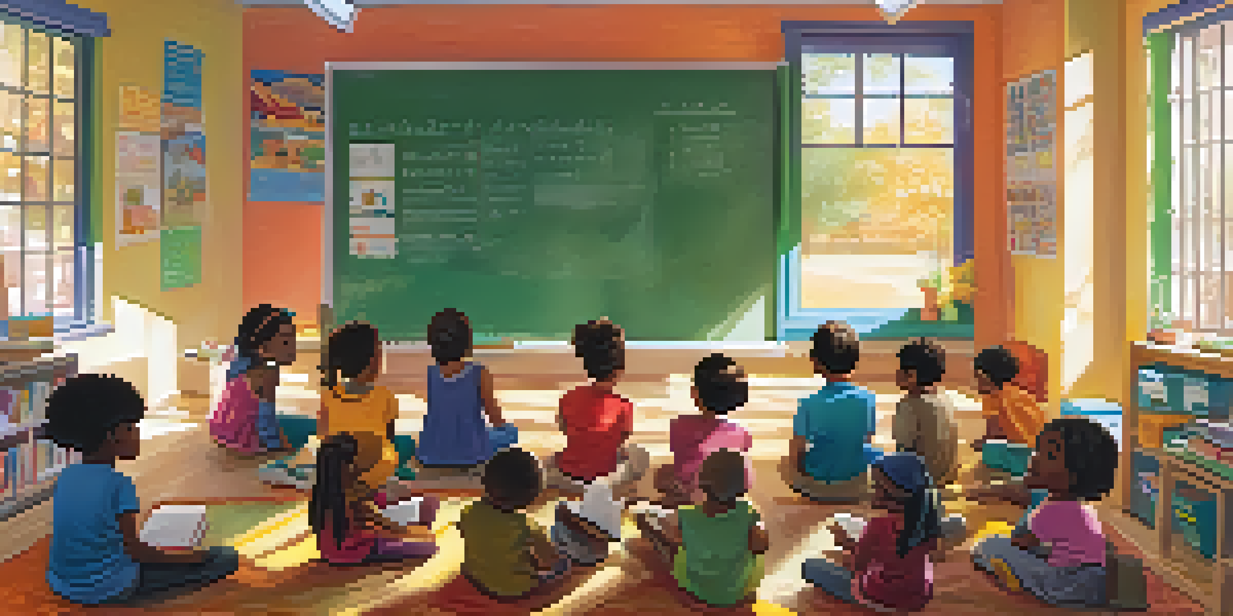 A vibrant classroom scene with children from diverse backgrounds listening to a teacher reading a story, with sunlight illuminating the space.