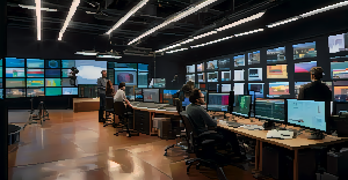 A vibrant film production studio with diverse filmmakers analyzing data on large screens, surrounded by colorful charts and film equipment.