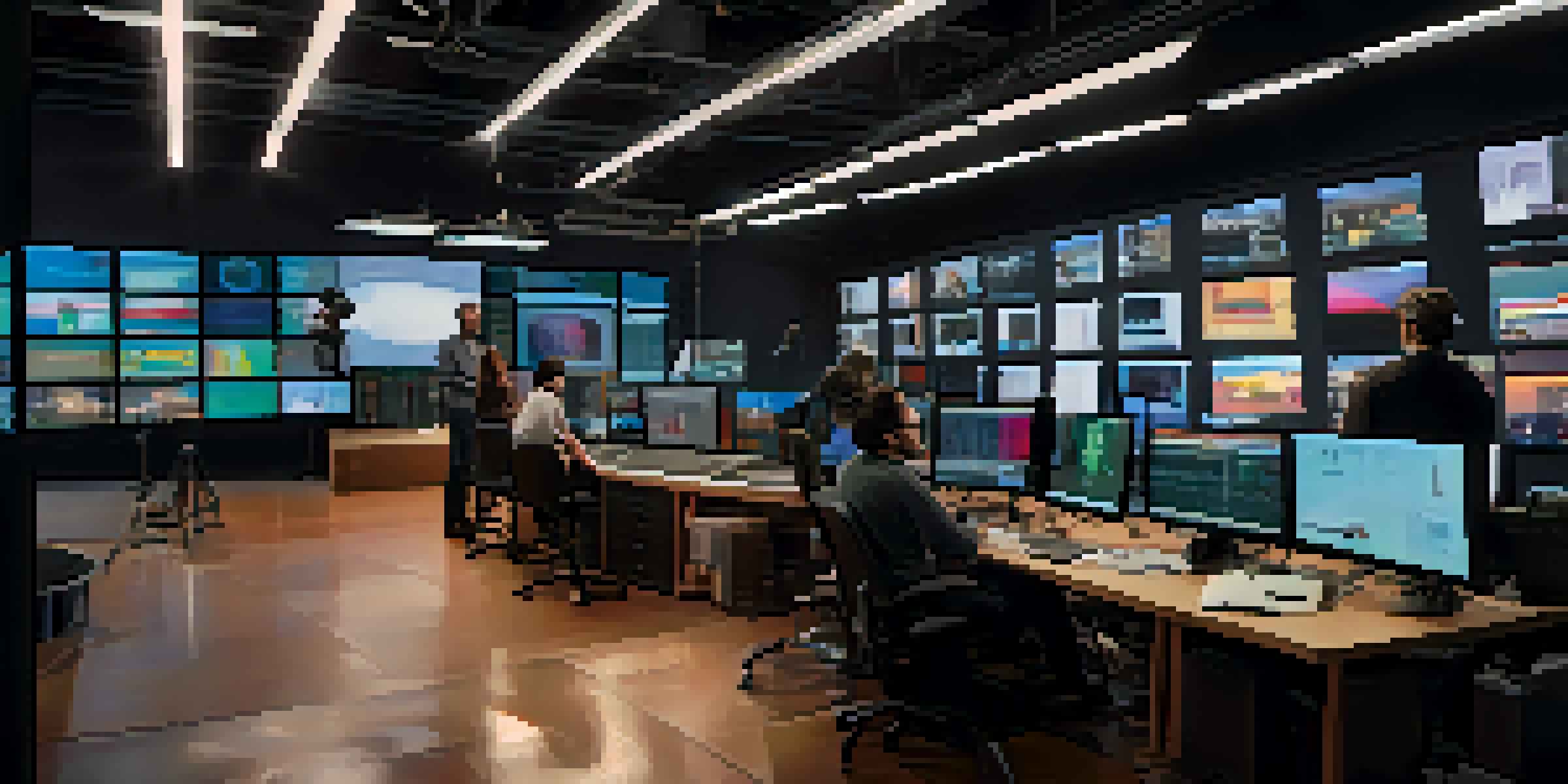 A vibrant film production studio with diverse filmmakers analyzing data on large screens, surrounded by colorful charts and film equipment.