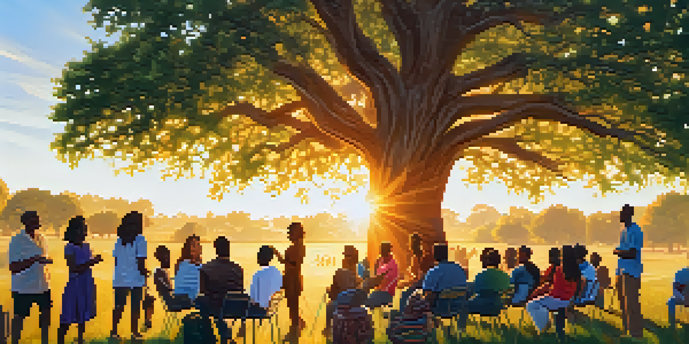 A diverse group of people gathered under a large oak tree during a community meeting, with banners promoting social justice and a warm sunset in the background.