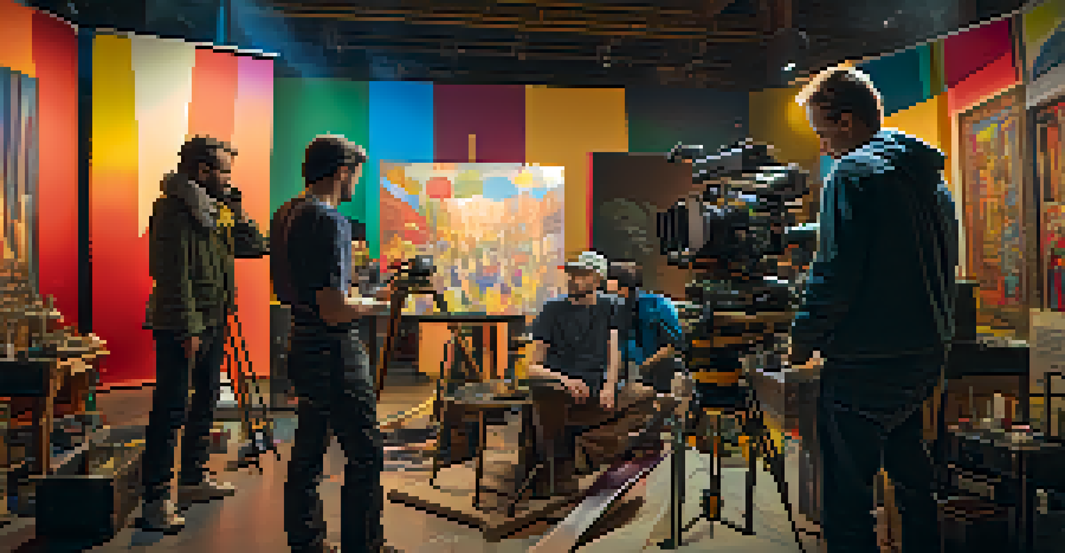 Behind-the-scenes collaboration between an art director and cinematographer on a vibrant film set.