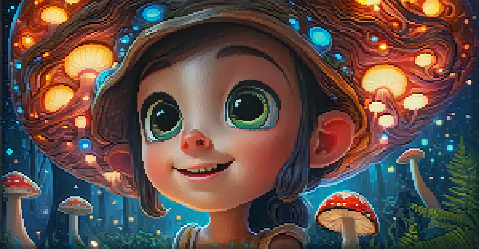 A whimsical animated character in a magical forest with glowing mushrooms and fireflies.