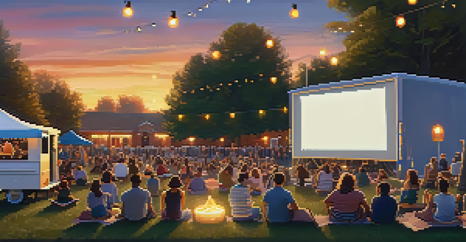 Outdoor film screening event in a community park with a large screen, attendees on blankets, and fairy lights among the trees.