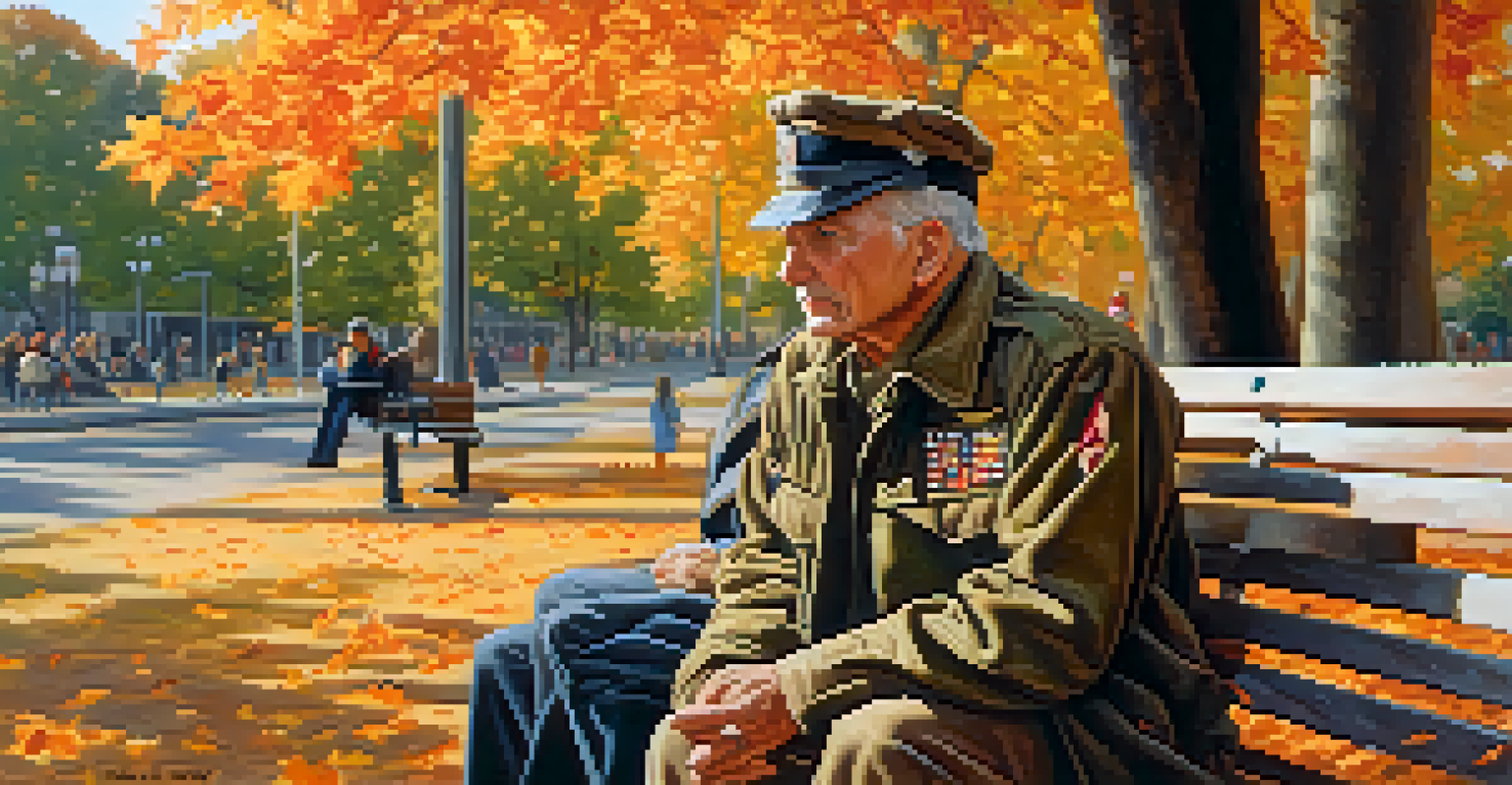 A veteran sitting on a park bench, reflecting amidst colorful autumn leaves under warm afternoon light.