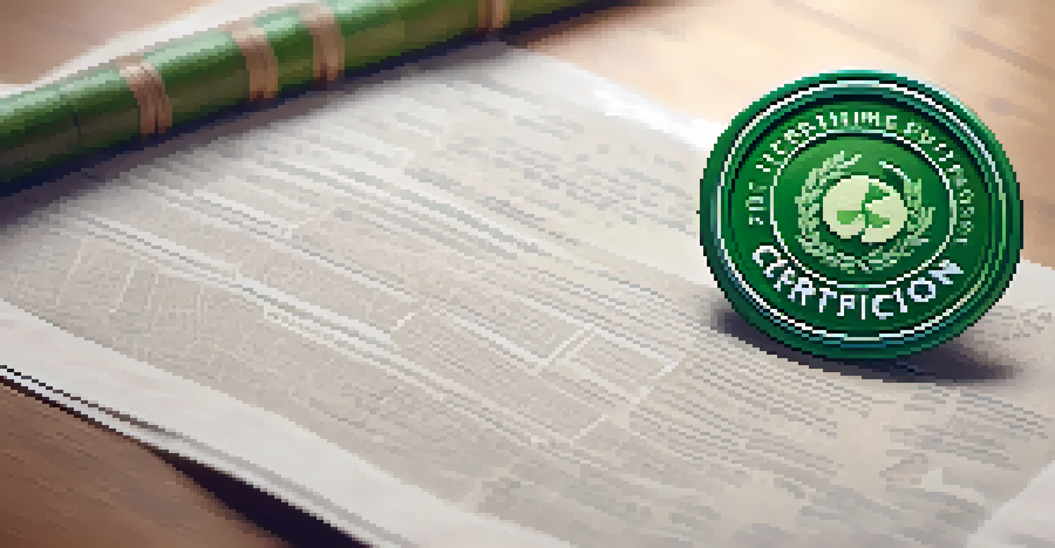 A close-up of a green certification badge on a film script, surrounded by eco-friendly materials like bamboo and recycled paper.