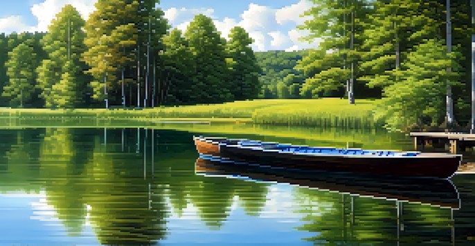 A peaceful lake scene with trees, a dock, and a rowboat, under a clear blue sky.