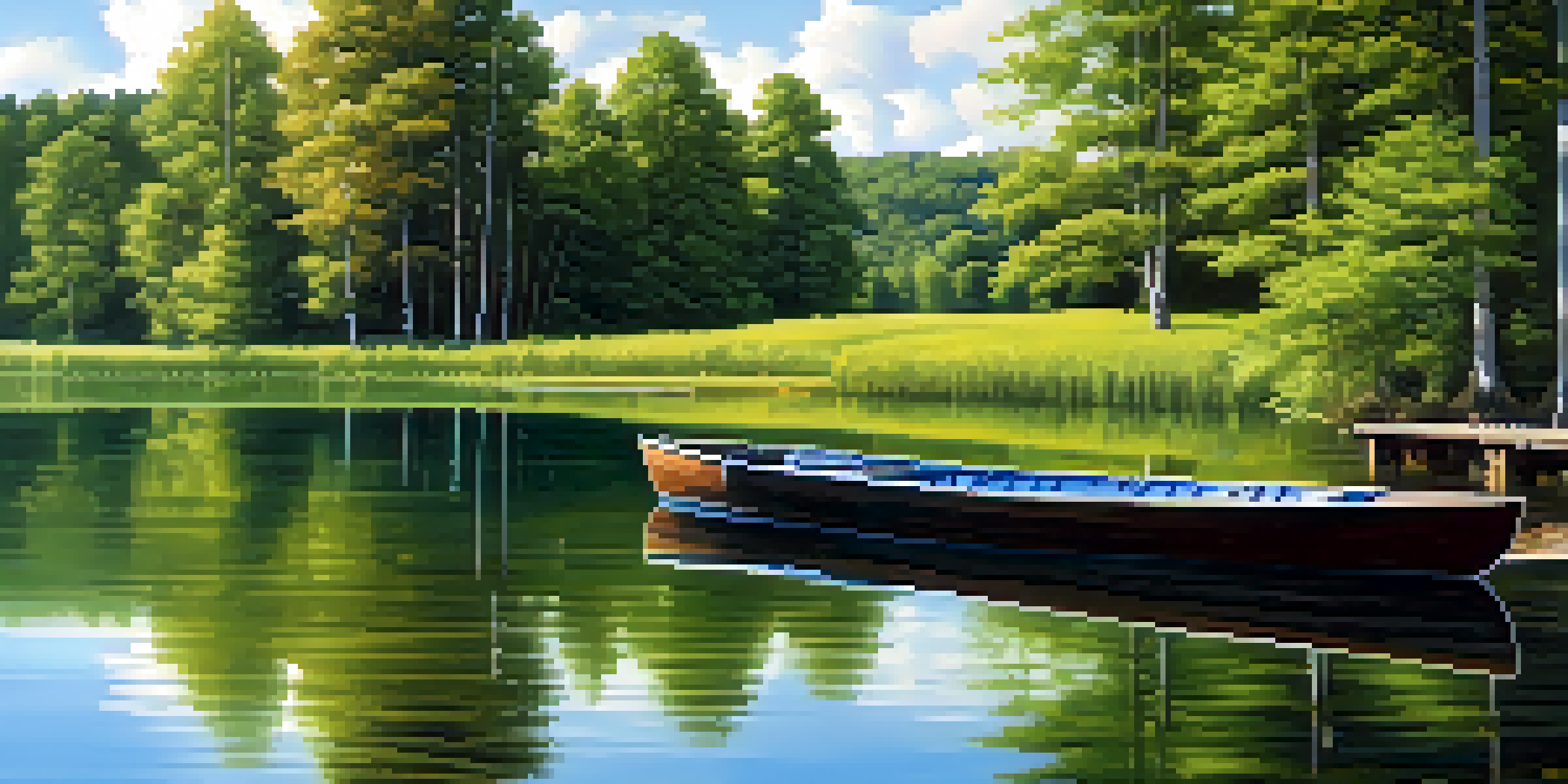 A peaceful lake scene with trees, a dock, and a rowboat, under a clear blue sky.