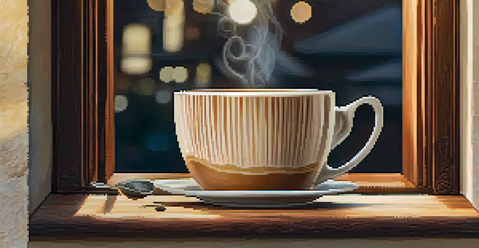 A close-up of a cappuccino in a coffee cup on a rustic wooden table with soft light.