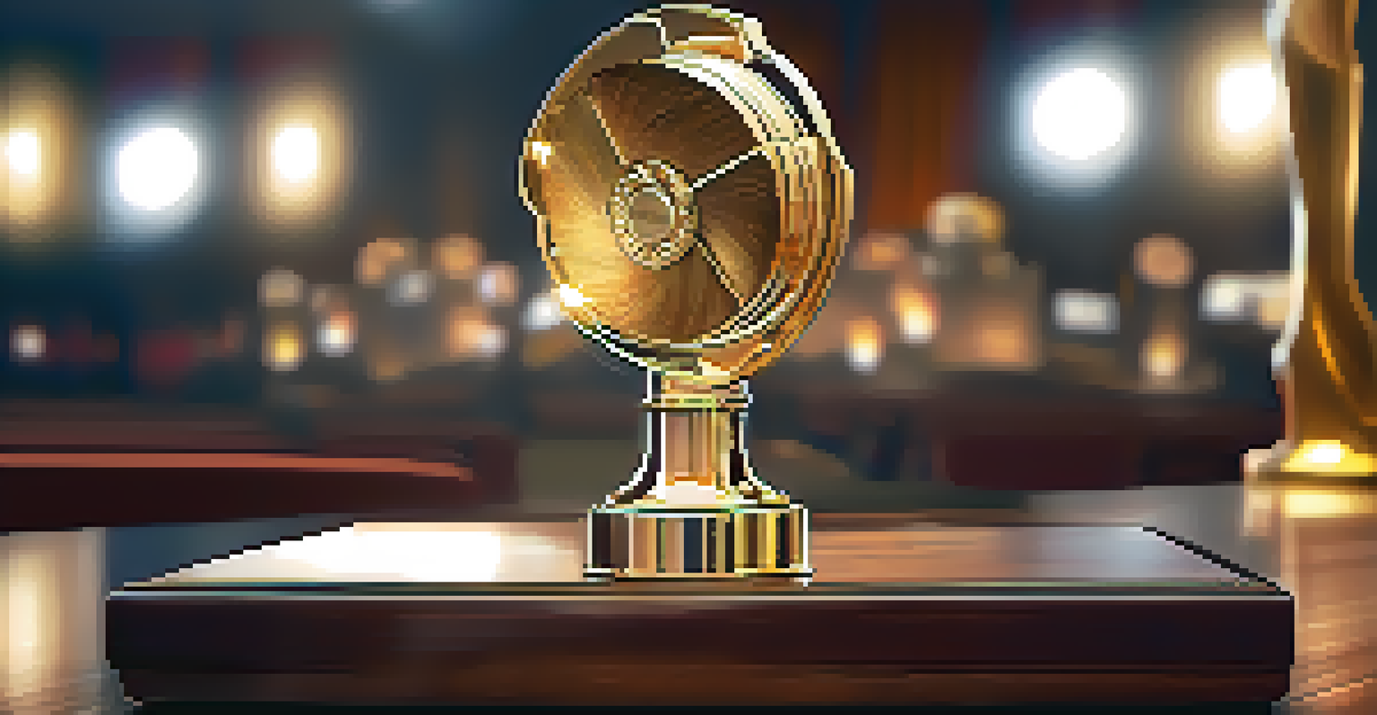 A beautifully crafted film festival award trophy on a polished table, with blurred film reels and posters in the background.