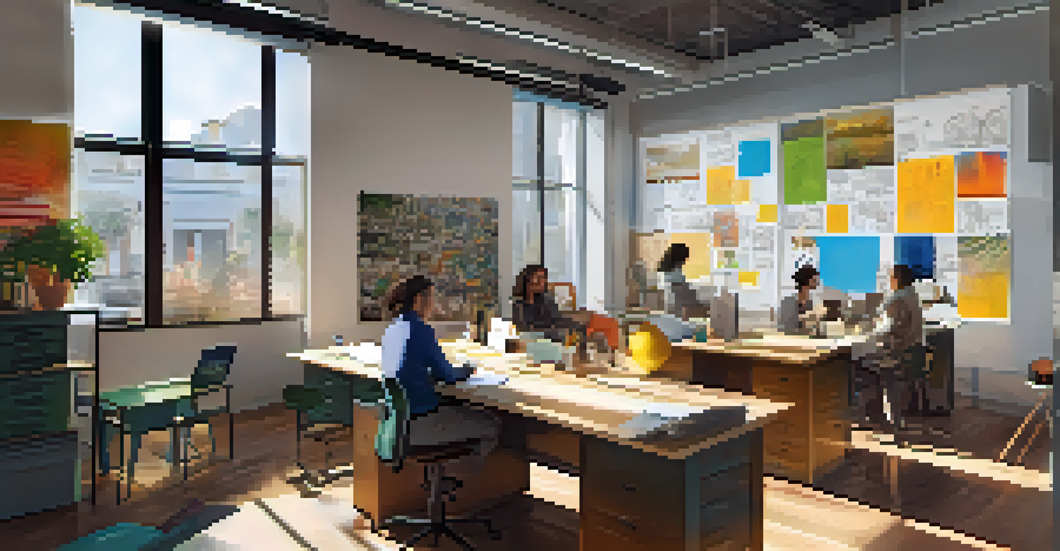 A creative workspace with storyboards and scripts showcasing diverse storytelling themes, filled with collaborative energy.