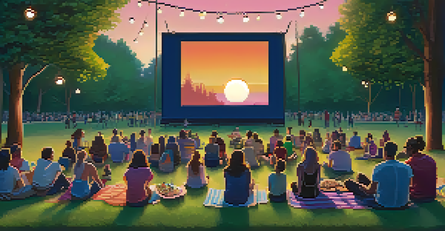 An outdoor film screening in a park at dusk, with people sitting on blankets and a large screen showing a movie.