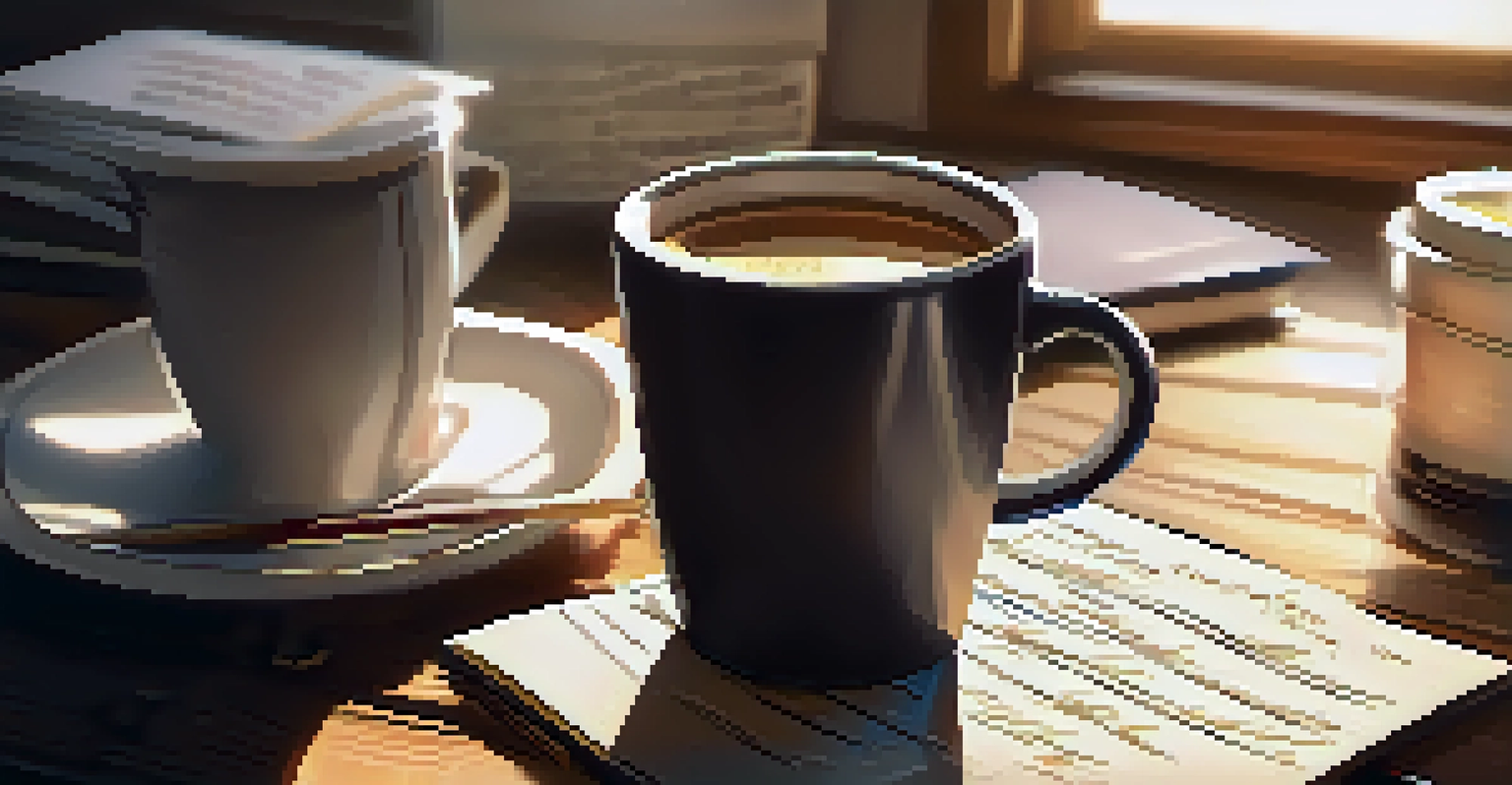 A close-up of a film script with handwritten notes on a wooden table, accompanied by coffee cups and a notepad.