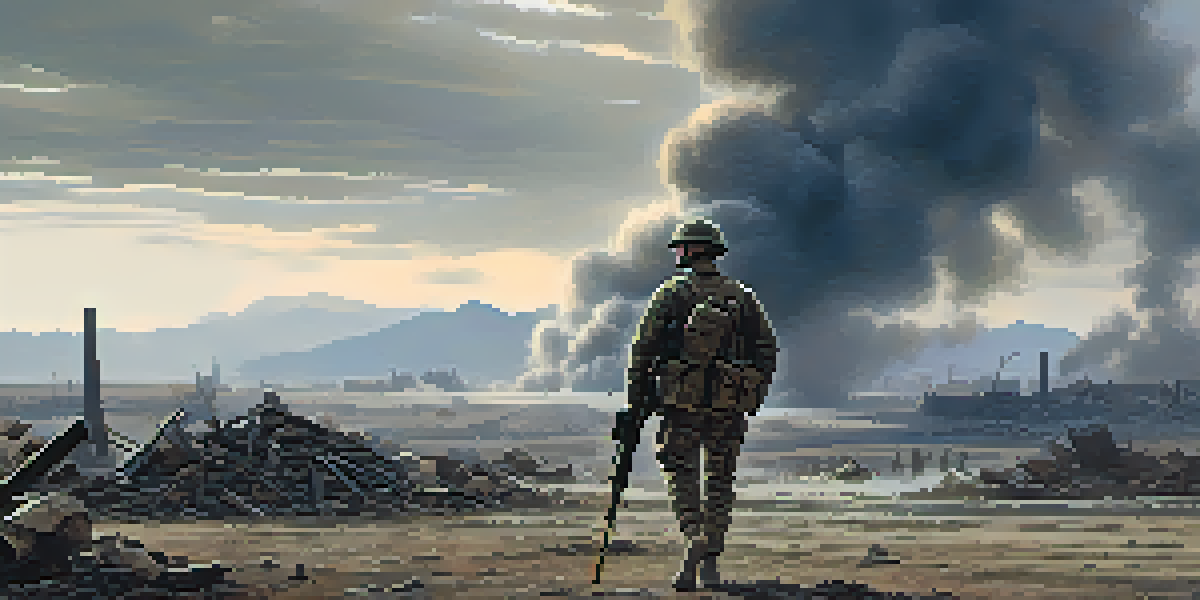 A soldier in a war-torn landscape, looking contemplative amidst smoke and debris.
