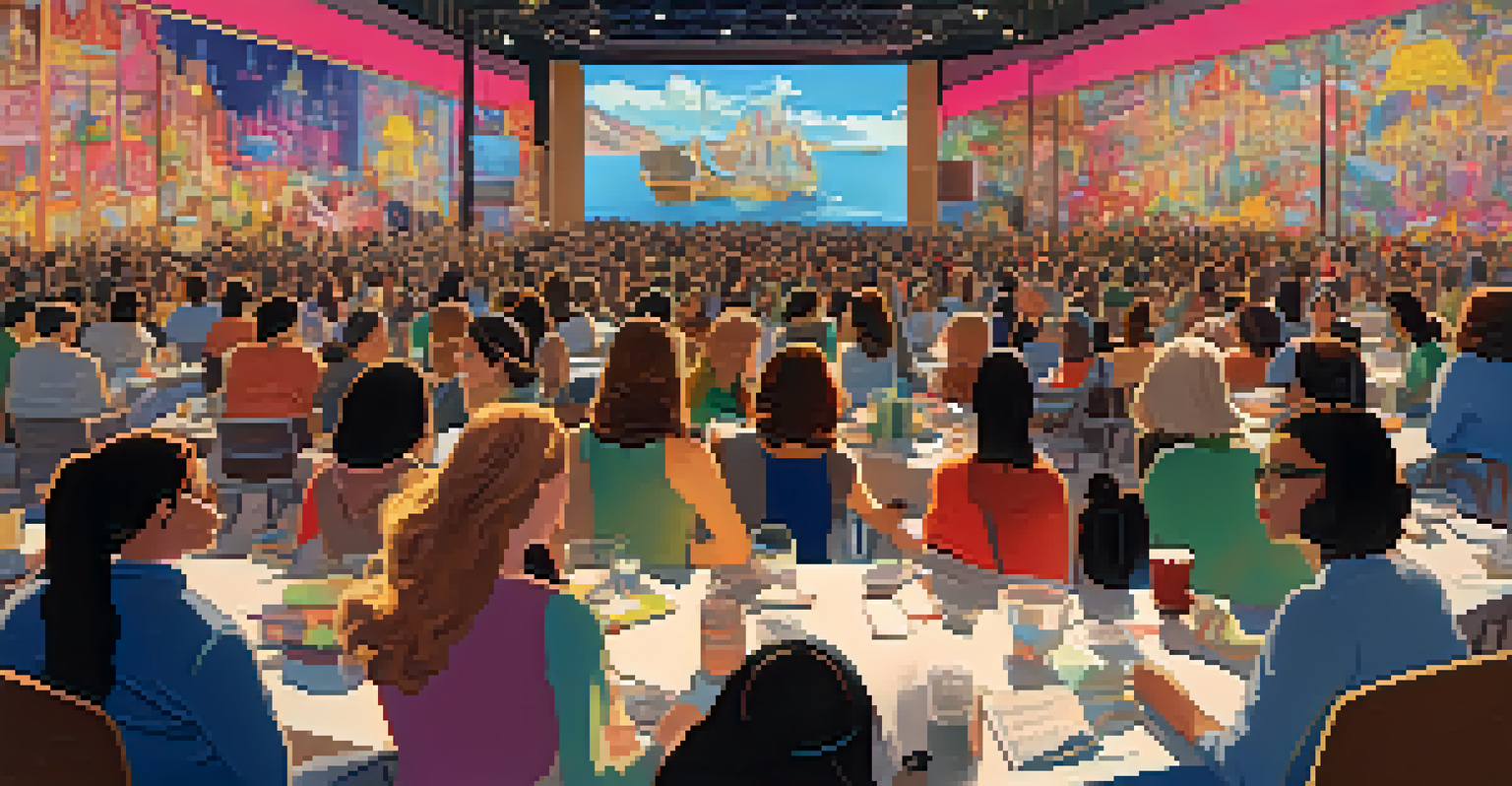 An animation festival celebrating female filmmakers, featuring large screens and attendees engaging in discussions.