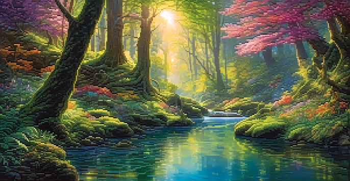 A colorful fantasy forest with fairies and unicorns, sunlight streaming through the trees, and a sparkling brook.