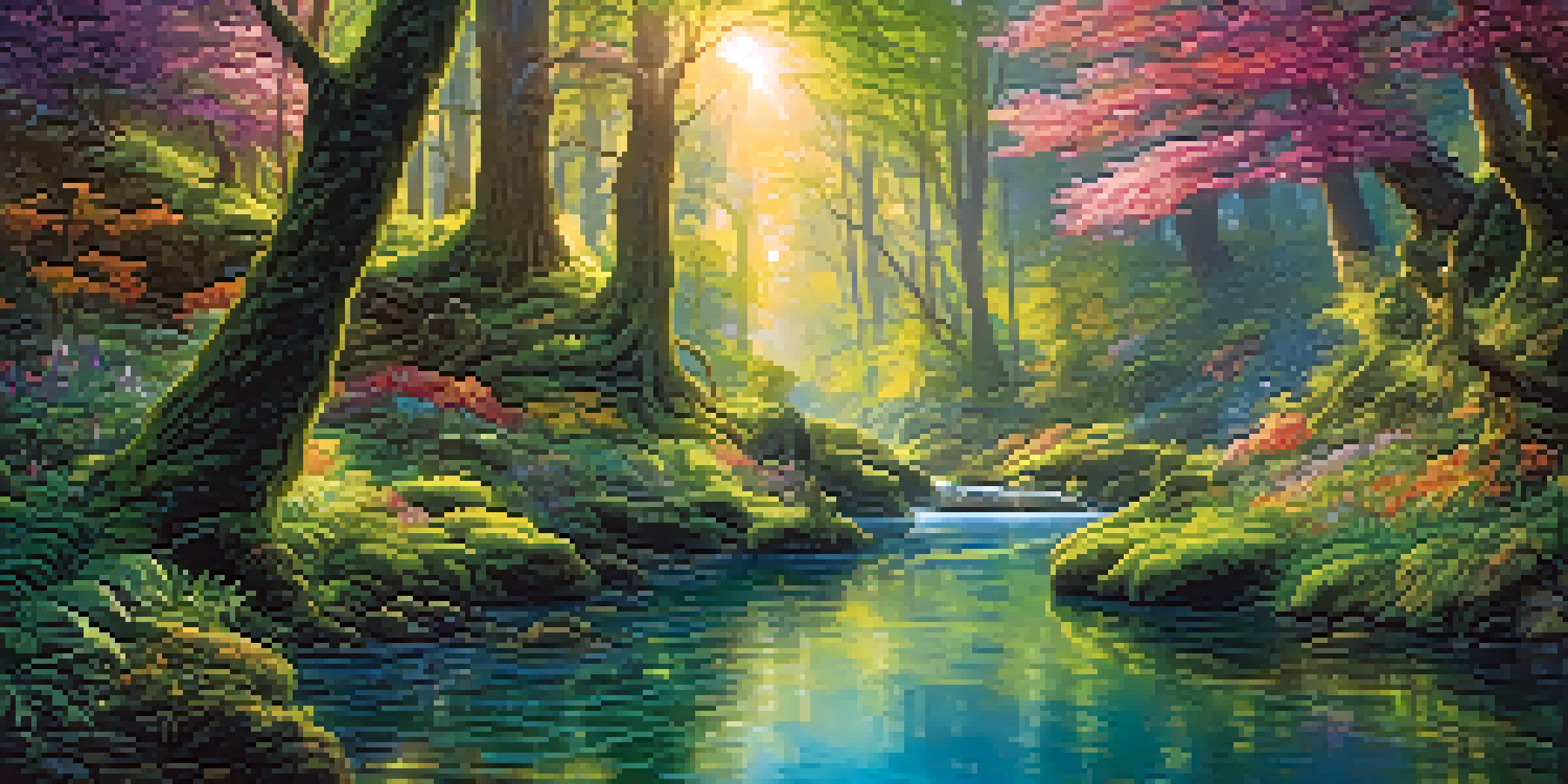 A colorful fantasy forest with fairies and unicorns, sunlight streaming through the trees, and a sparkling brook.