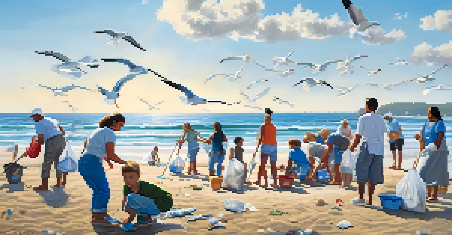 A diverse group of people cleaning up litter on a beach against a backdrop of blue skies and ocean waves.