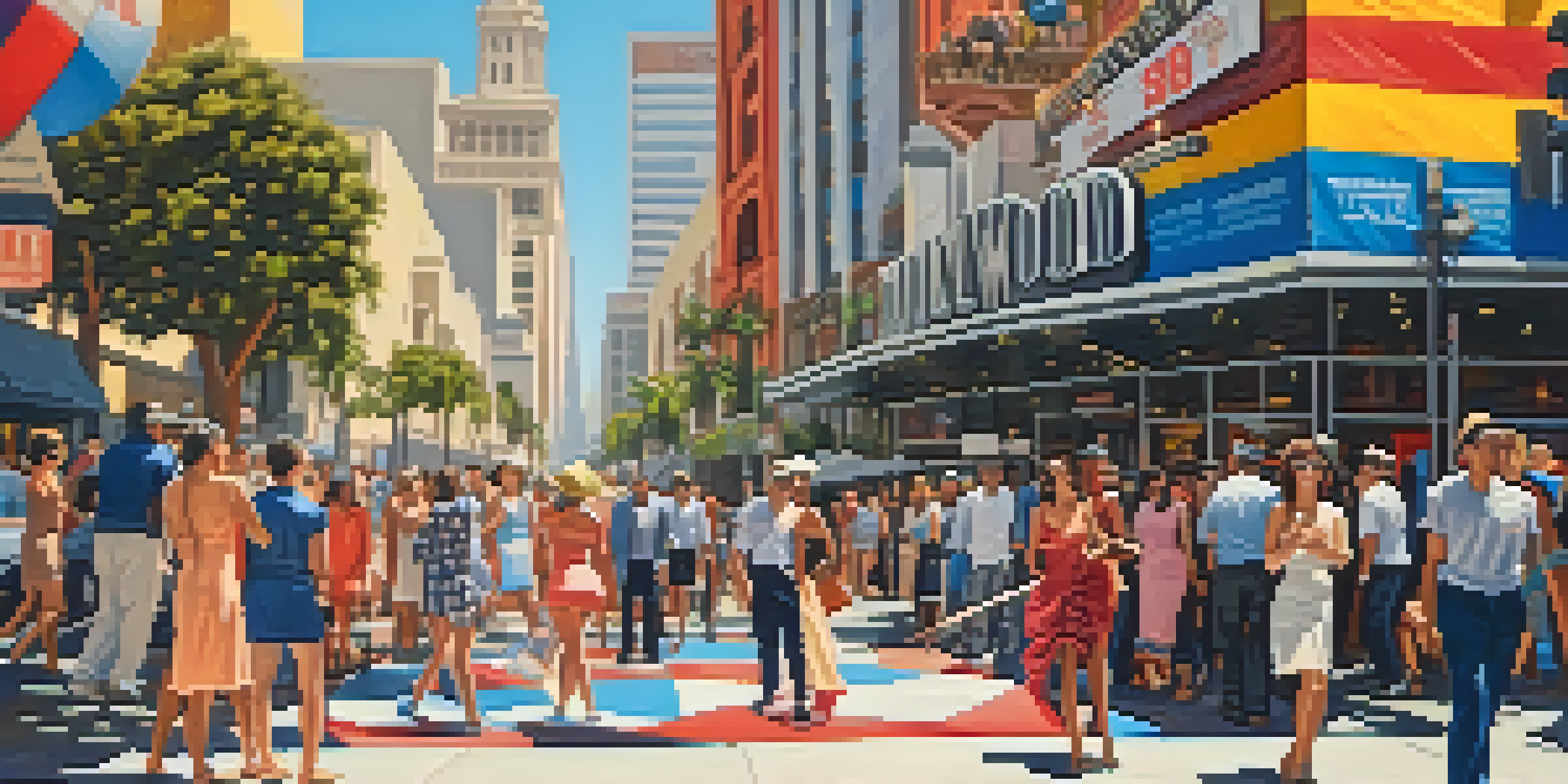 A lively Hollywood street scene with the Hollywood sign in the background, featuring diverse people and street performers.