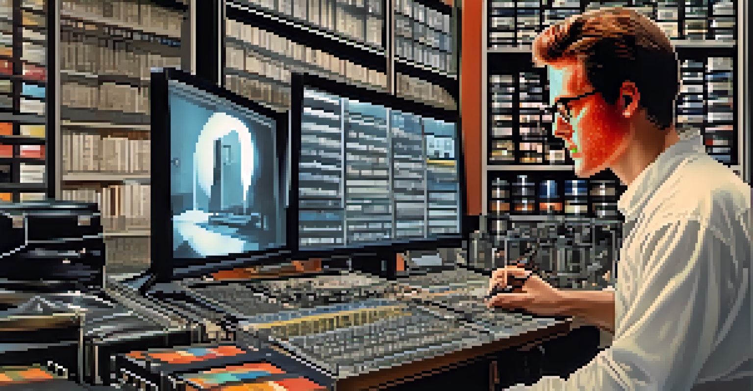 A technician restoring old films, surrounded by high-tech equipment and classic film canisters, with a computer screen displaying restoration software.