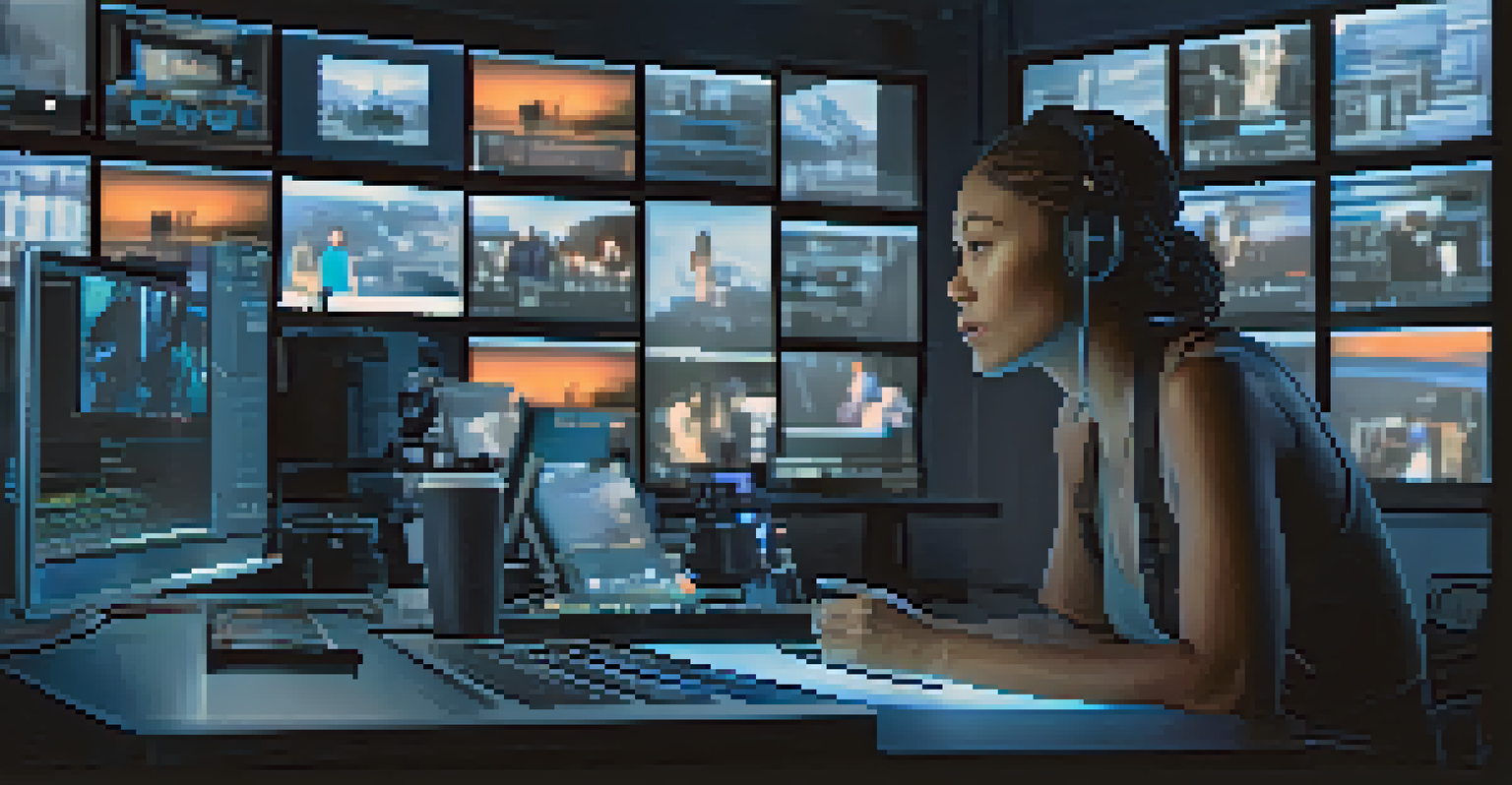 A modern female filmmaker in an editing suite, focused on screens showing film footage, with a soft blue glow illuminating the room.