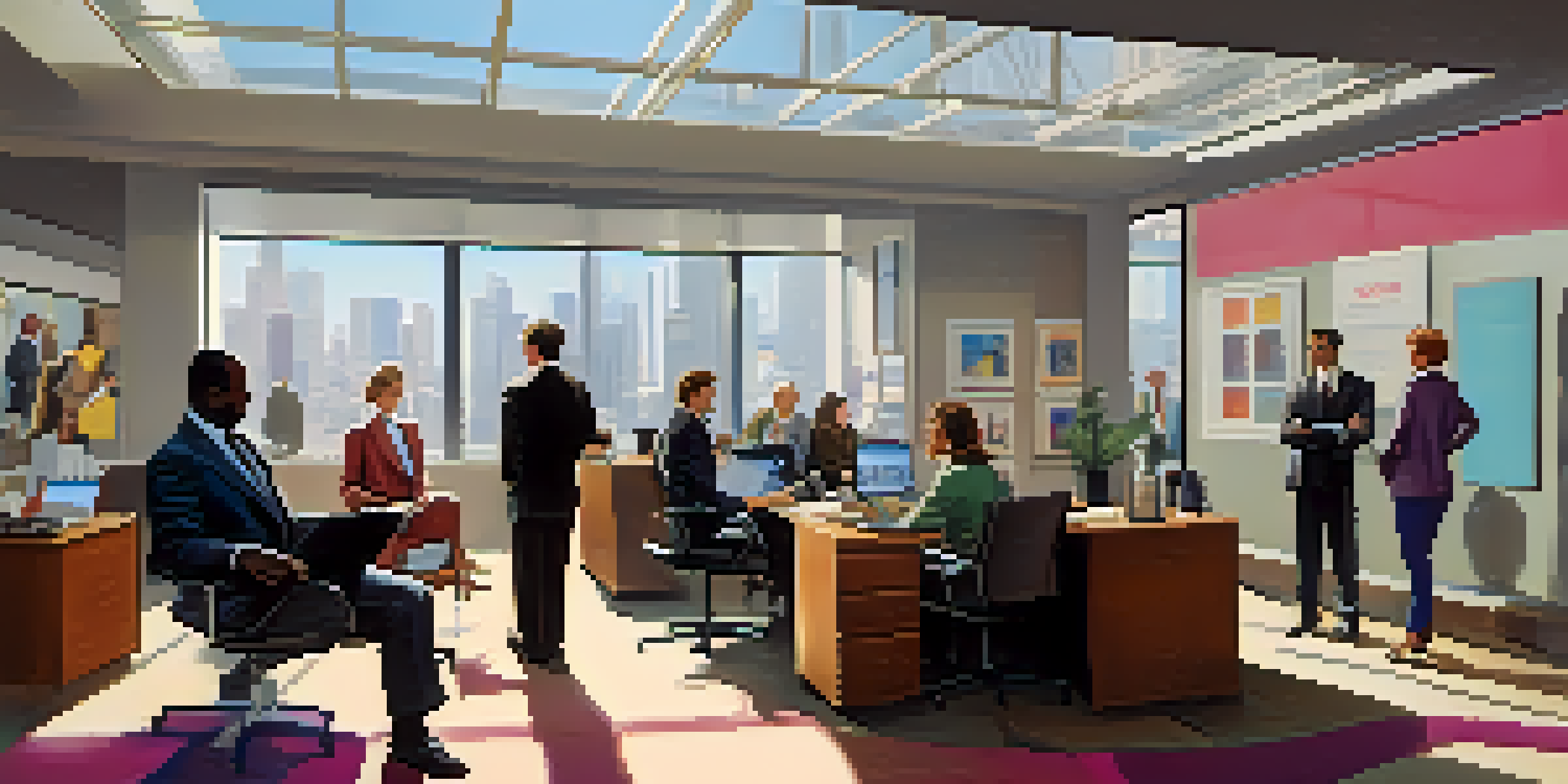 A vibrant office of a talent agency with agents discussing contracts, surrounded by artist posters and bright natural light.