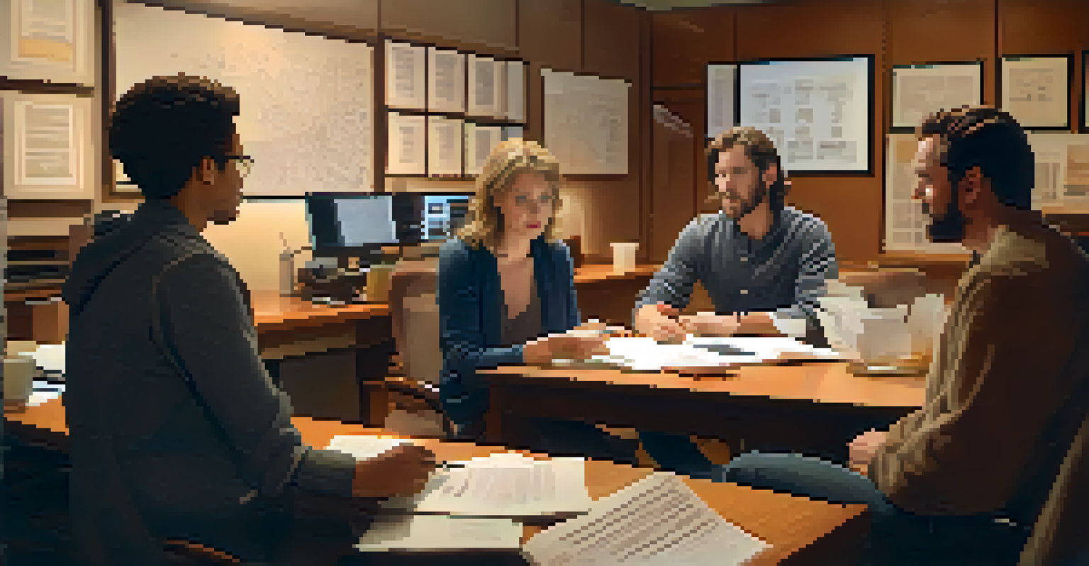 Behind-the-scenes of a casting director and team collaborating in an office, reviewing audition videos and discussing talent options.