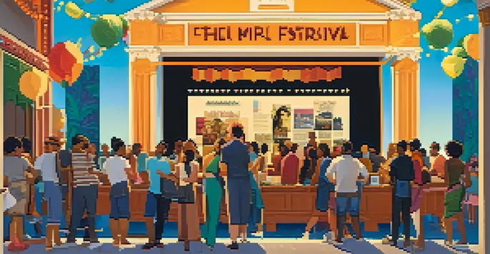 A lively film festival scene with diverse individuals interacting around literature-themed movie posters and decorations.