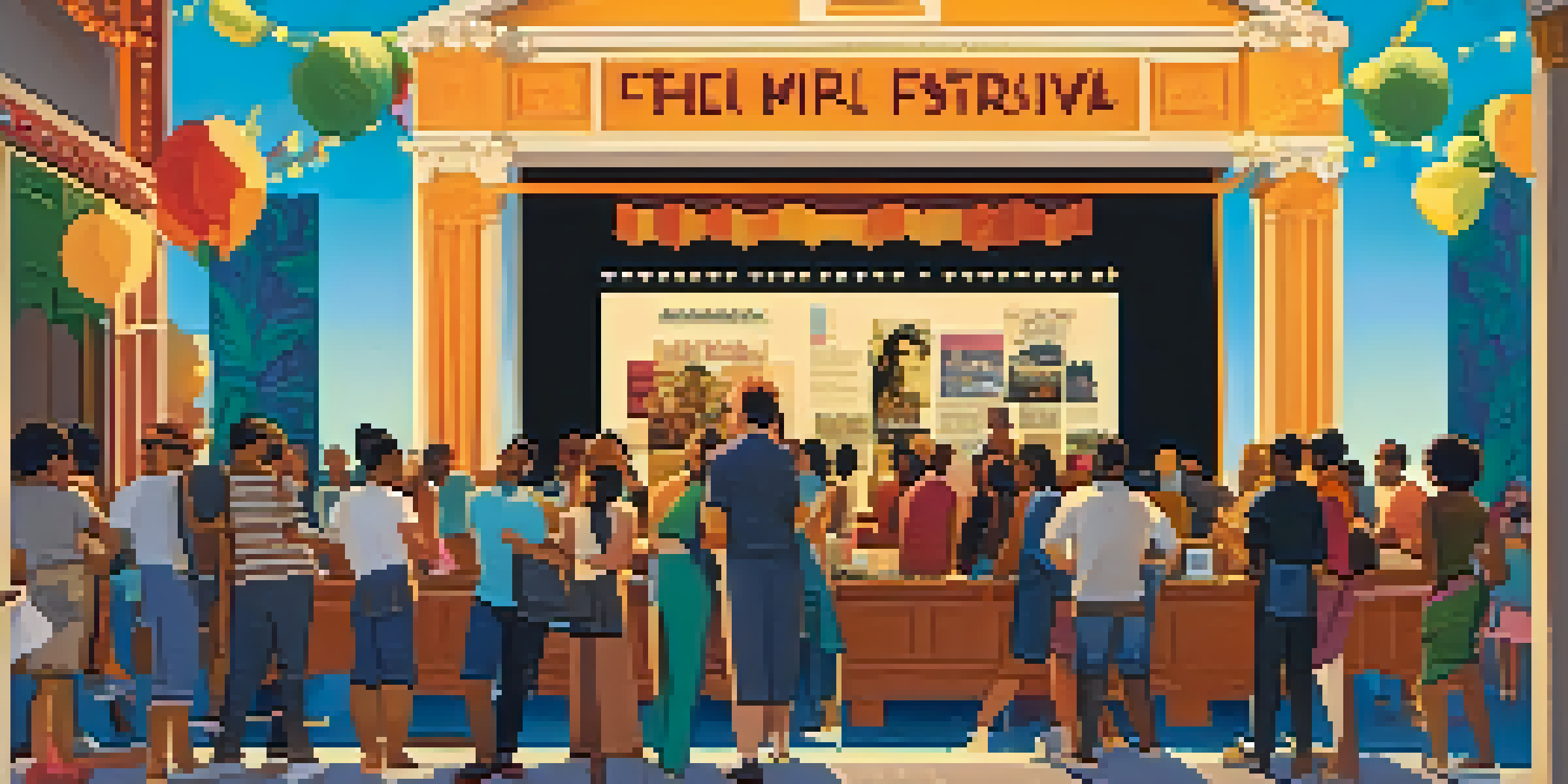 A lively film festival scene with diverse individuals interacting around literature-themed movie posters and decorations.