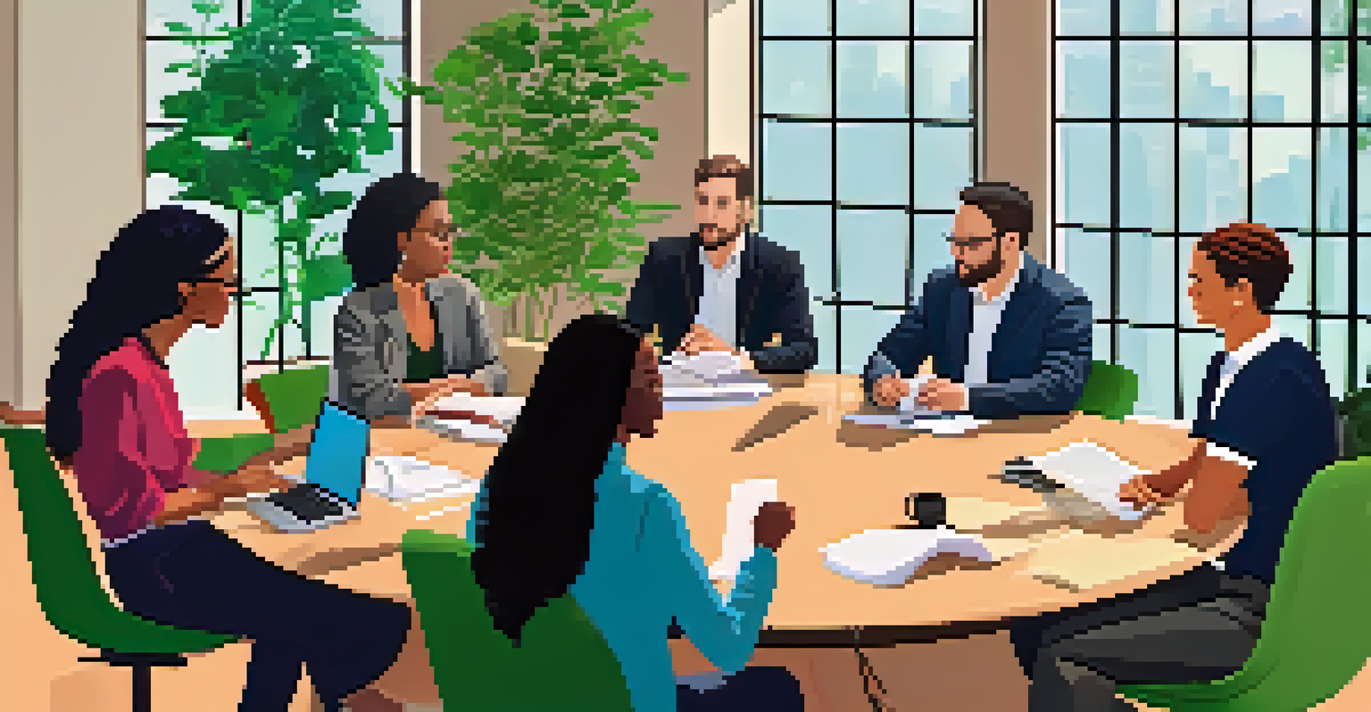A diverse group of people having a discussion around a round table in a modern conference room.