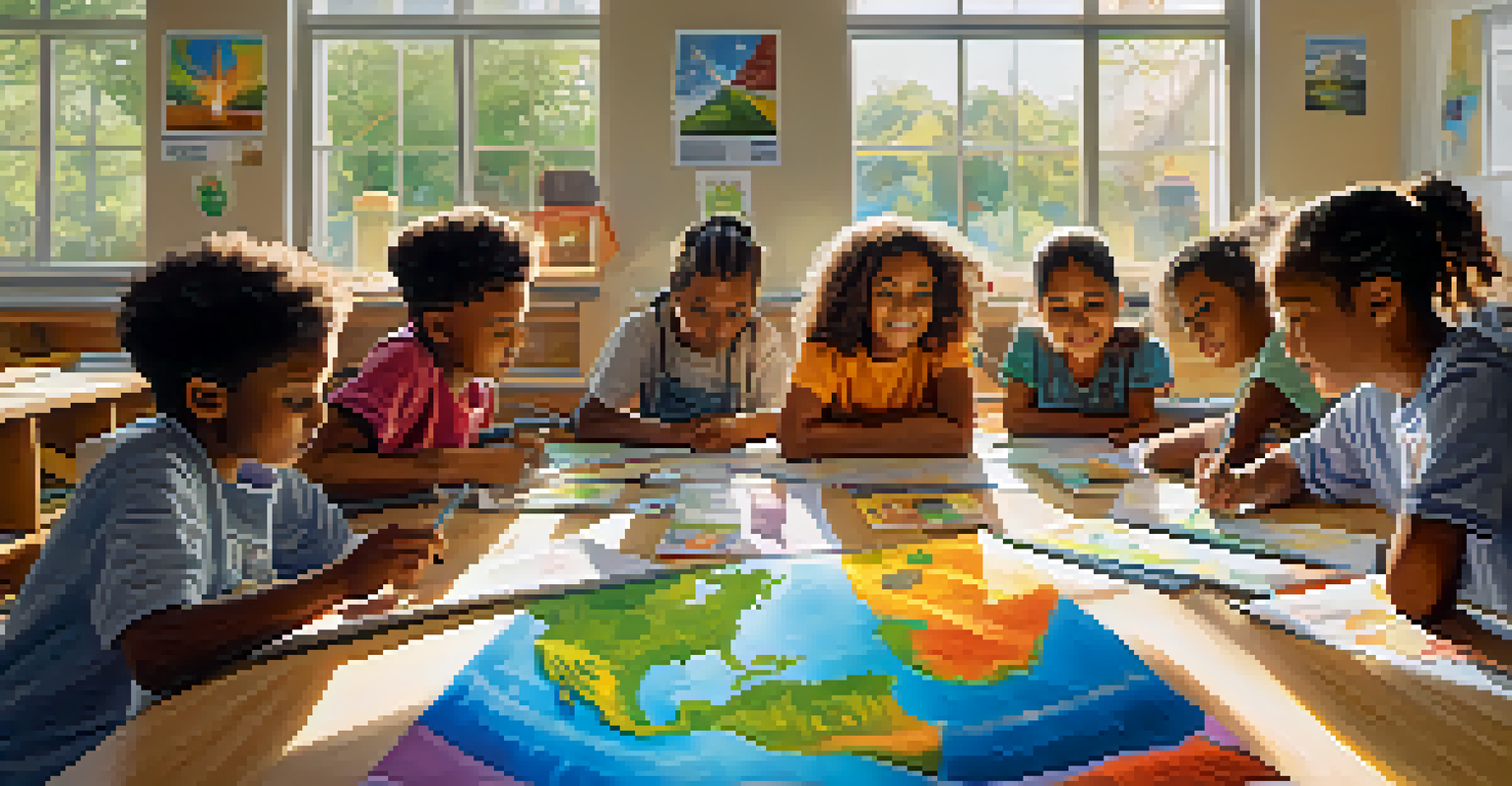 Children in a colorful classroom working on a creative project about climate change.