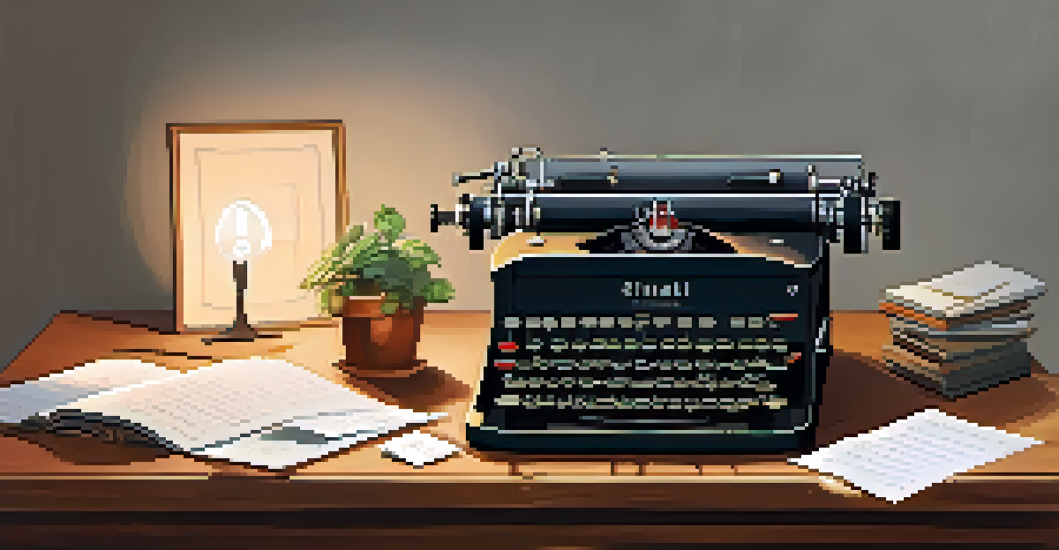 A vintage typewriter on a desk with a blank sheet of paper, surrounded by notes and a small plant, under a lamp's soft glow.