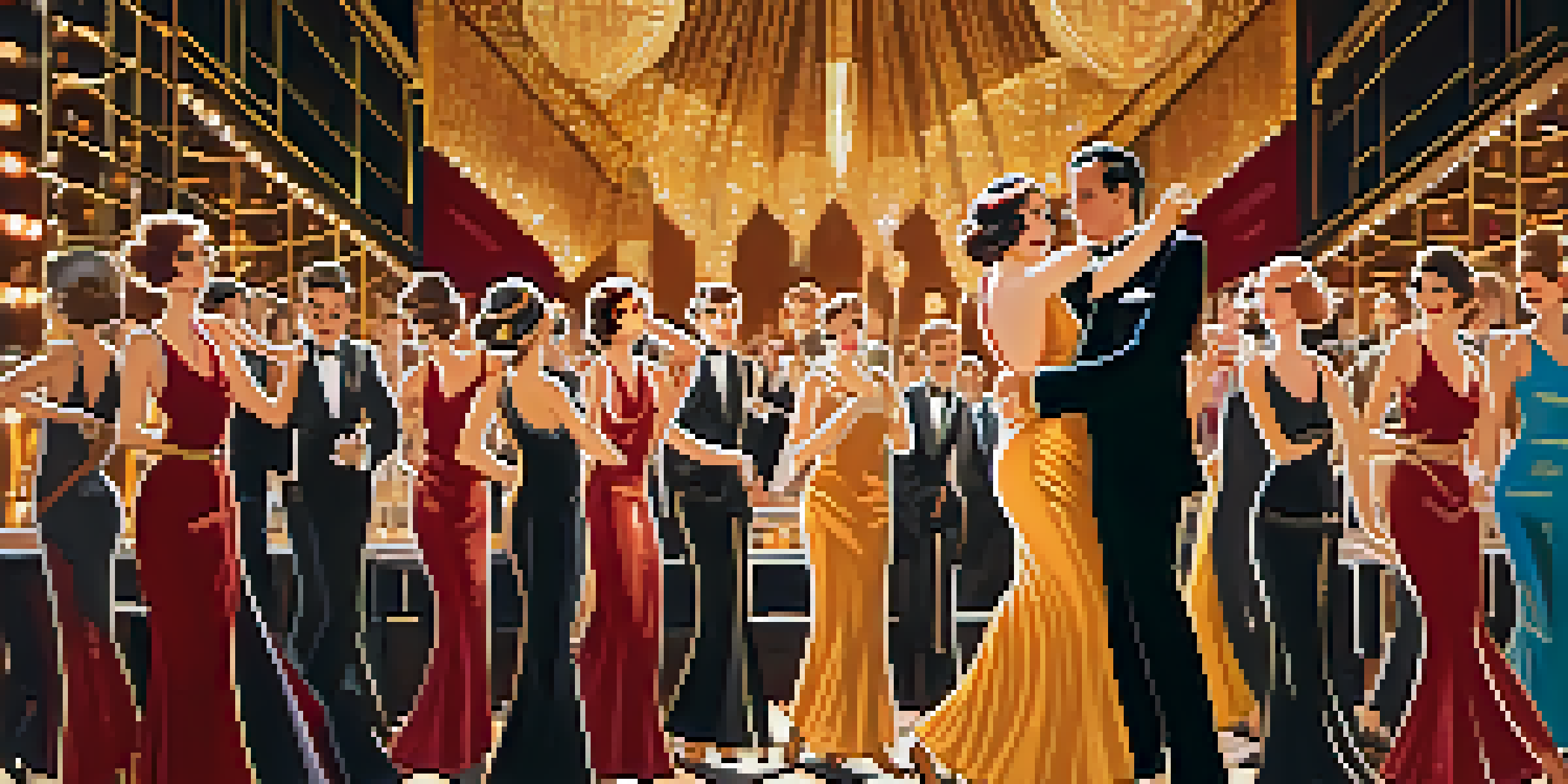 A lively scene of women in colorful flapper dresses dancing in a jazz club with Art Deco decor.