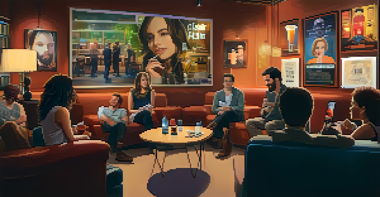 A cozy networking event with independent filmmakers conversing in a warm, inviting atmosphere, surrounded by indie film posters.