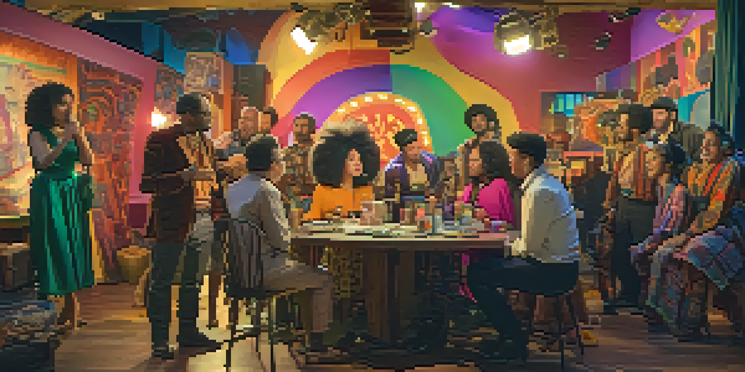 A lively film set with diverse actors discussing among colorful costumes and props, illuminated by warm lighting.