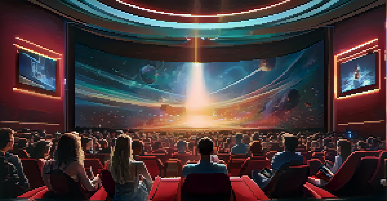 A futuristic cinema filled with an audience wearing VR headsets, engaged in an immersive virtual reality experience.