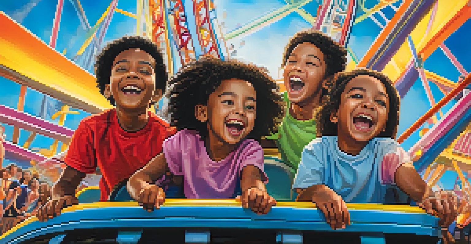 Riders on a rollercoaster displaying intense expressions, with a colorful amusement park in the background under a blue sky.