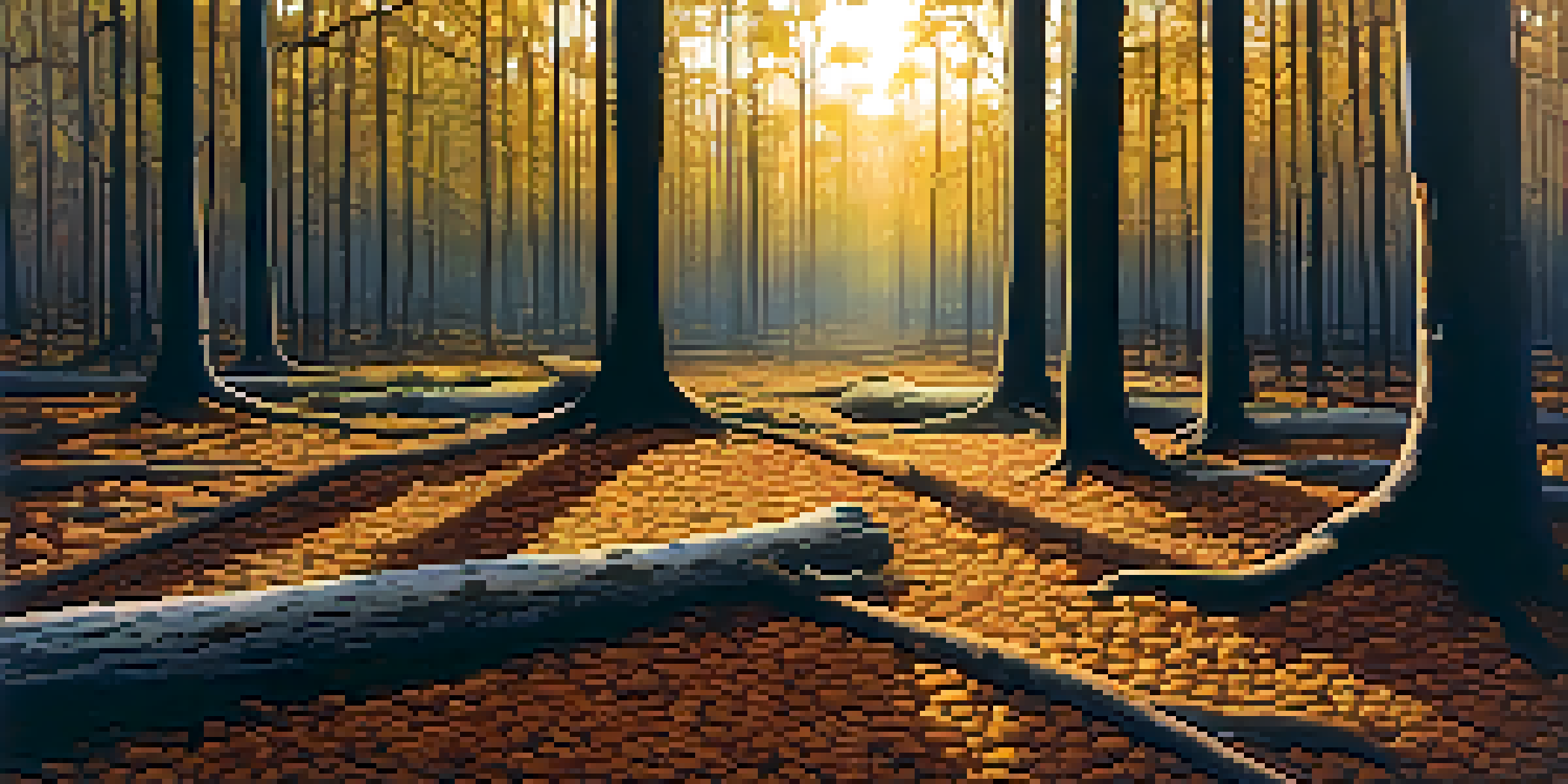 A serene landscape showing a vibrant forest contrasted with a barren deforested area under a sunset.