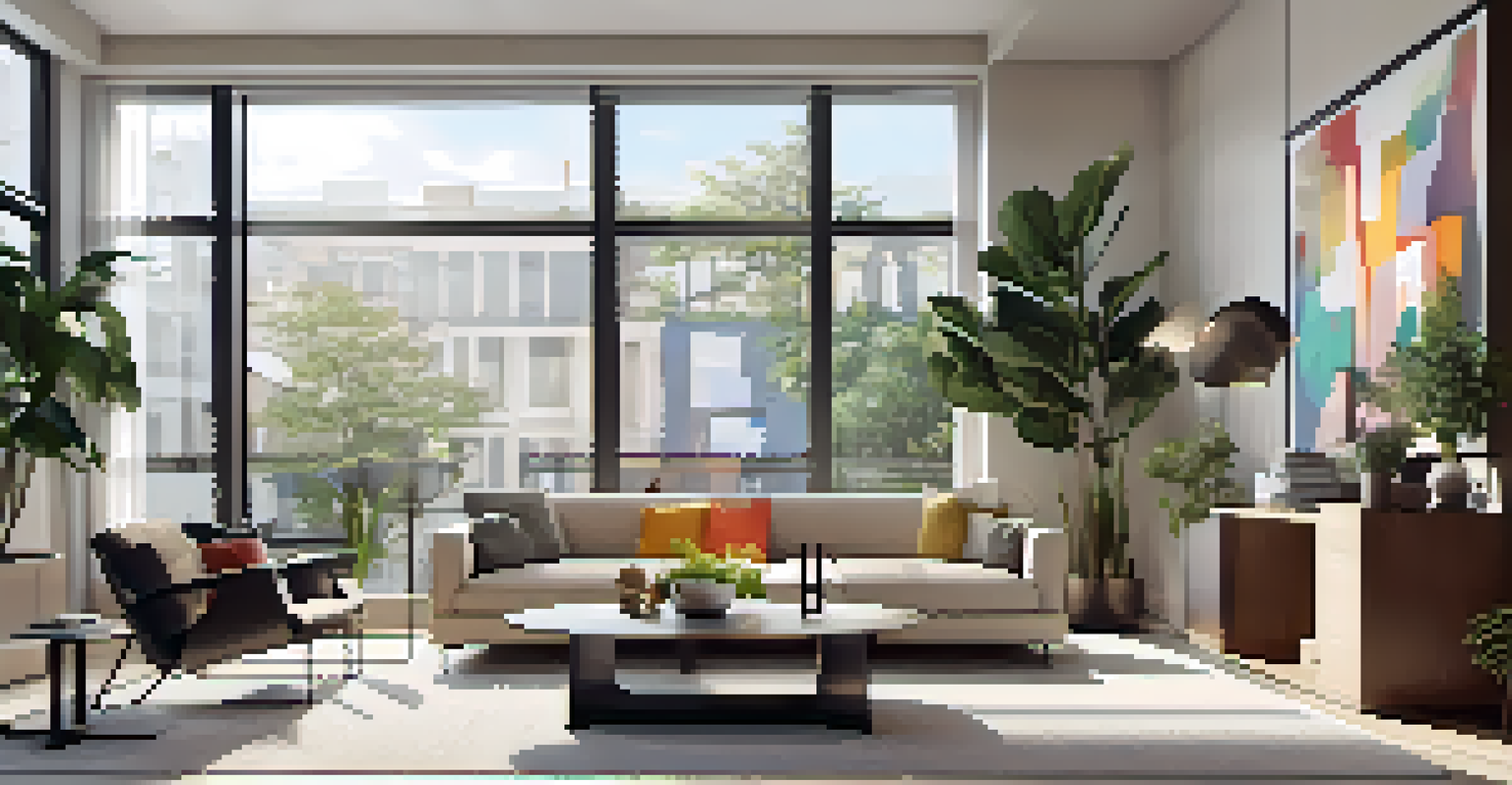 A contemporary urban apartment interior with minimalist design, large windows, vibrant abstract art, and greenery.