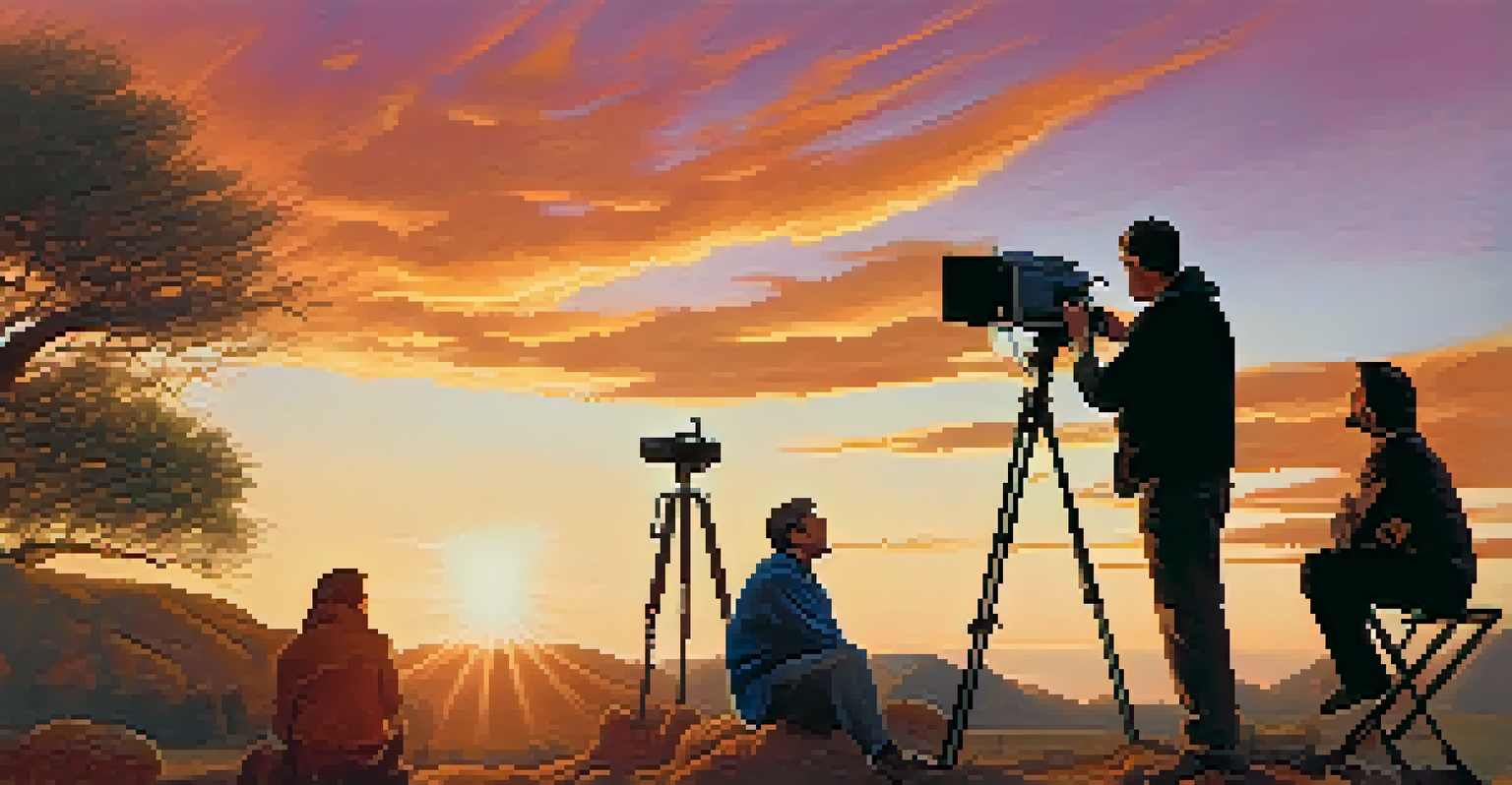 An outdoor film shoot at sunset with a cinematographer and actors, surrounded by a picturesque landscape and warm hues in the sky.